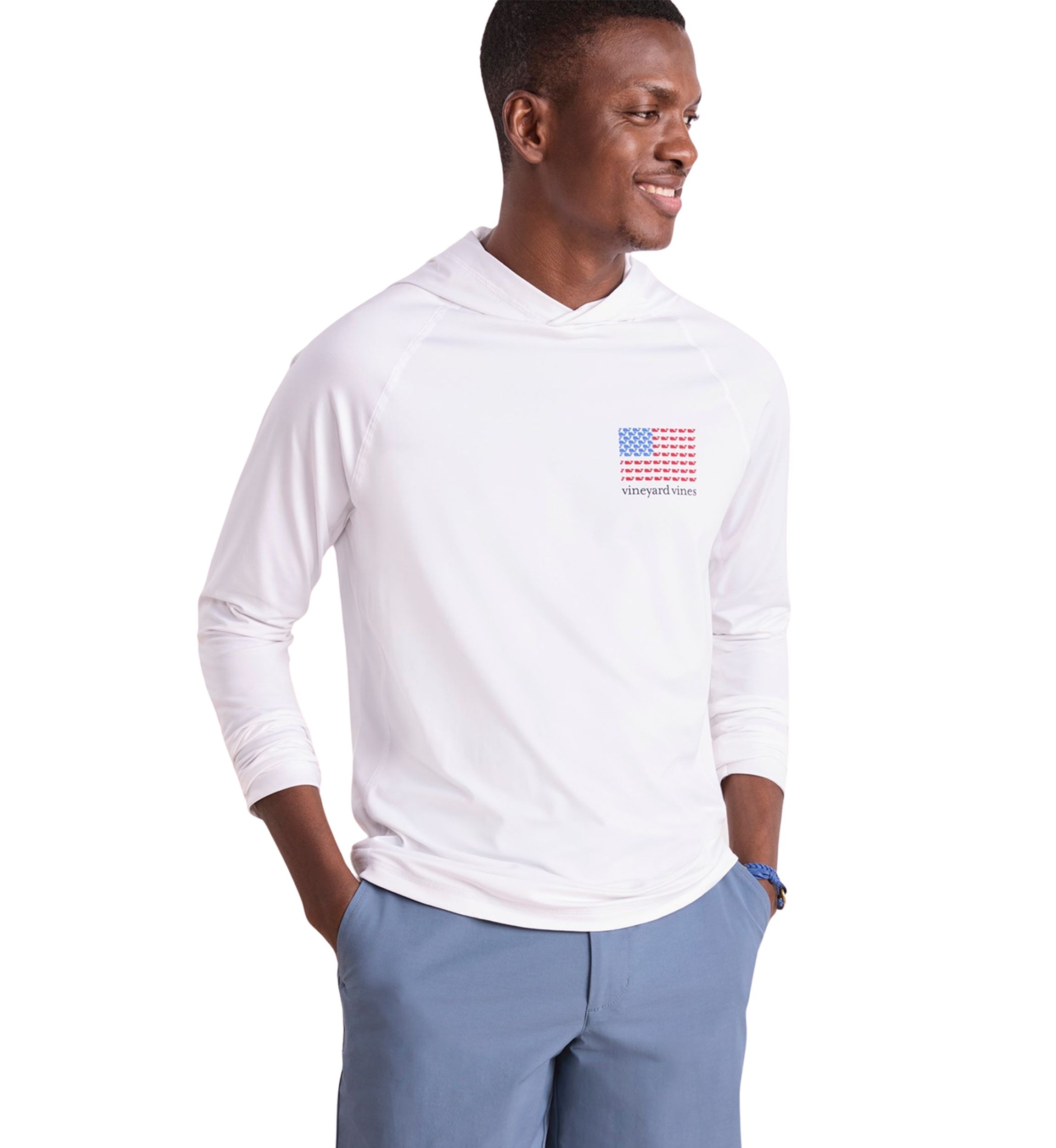 Mens Micro Whale Flag Long Sleeve Harbor Hooded T-Shirt