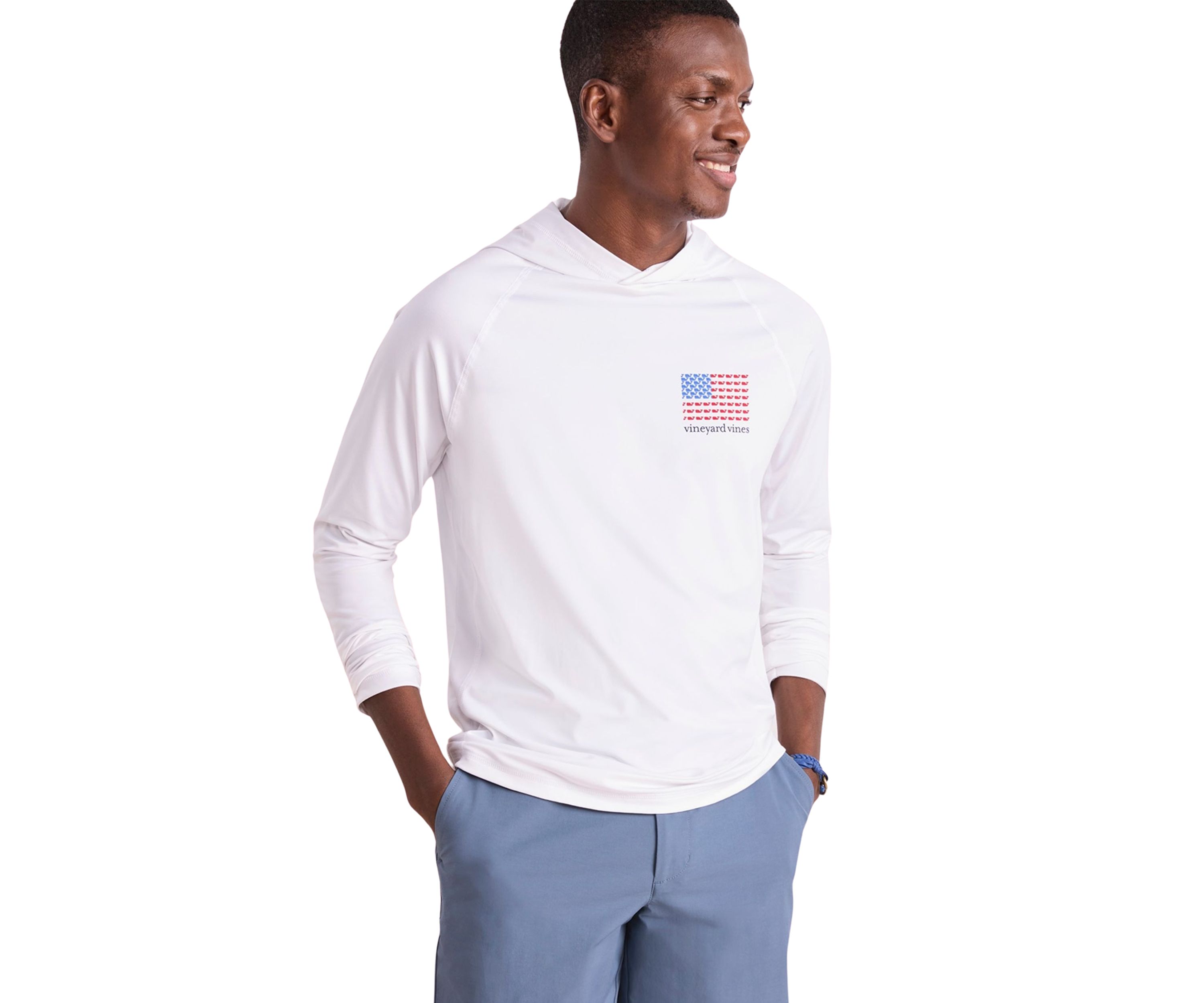 Mens Micro Whale Flag Long Sleeve Harbor Hooded T-Shirt