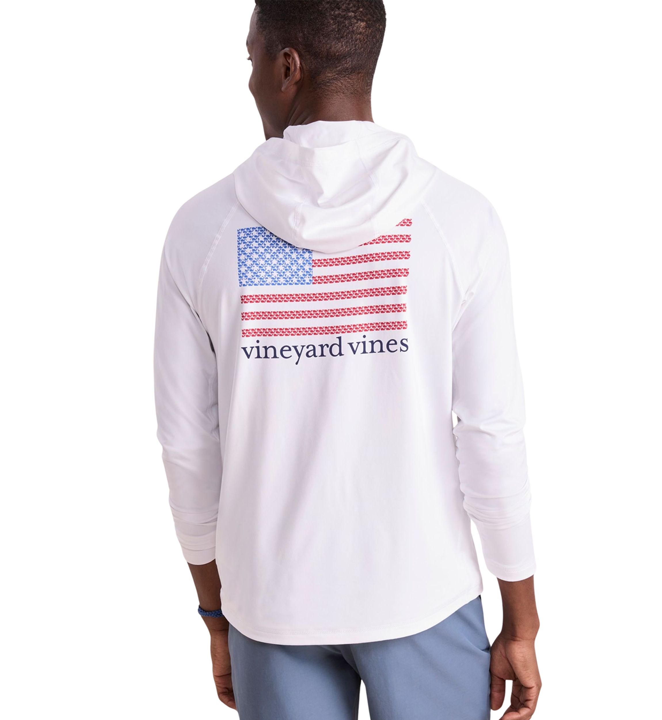 Mens Micro Whale Flag Long Sleeve Harbor Hooded T-Shirt