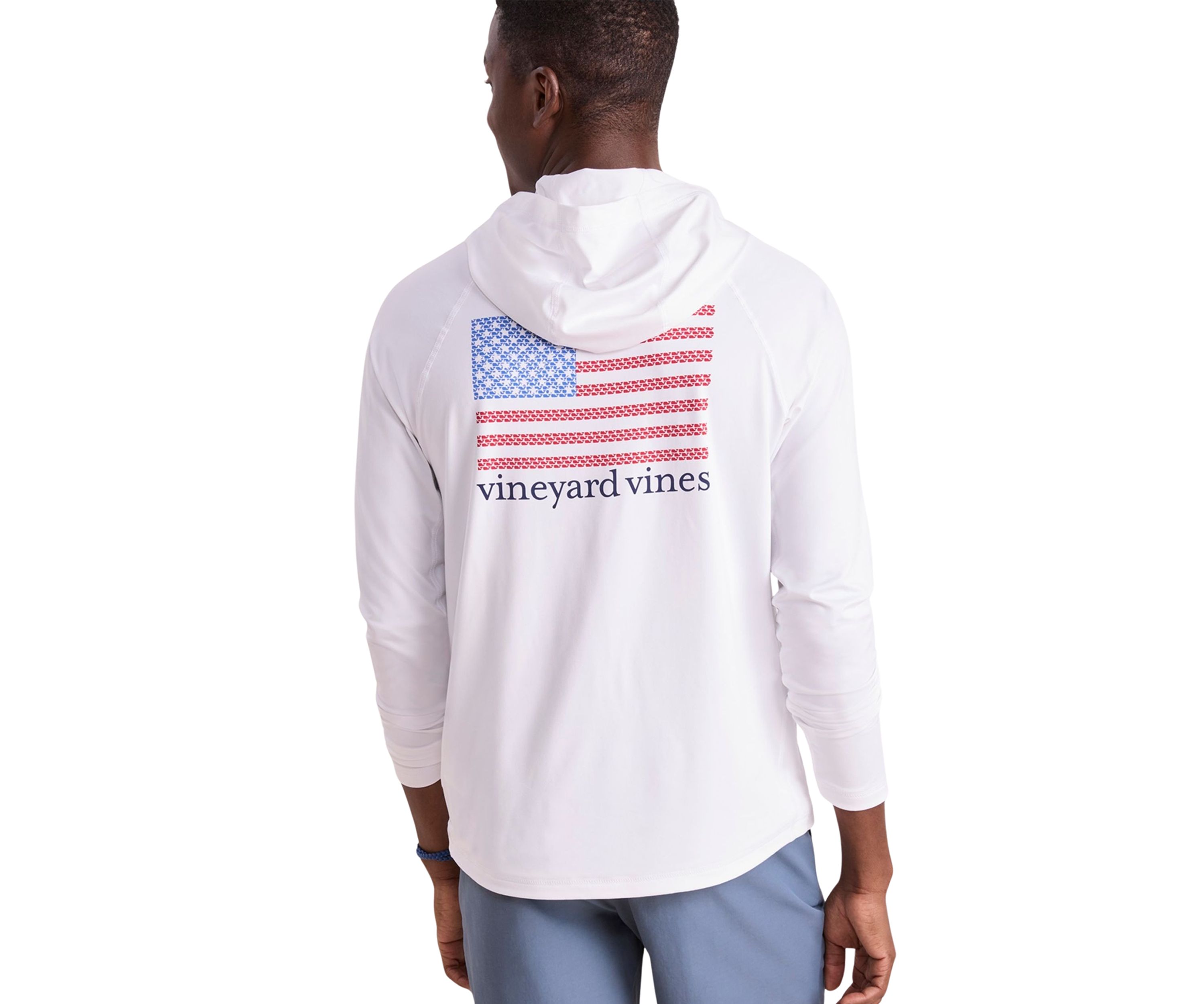 Mens Micro Whale Flag Long Sleeve Harbor Hooded T-Shirt