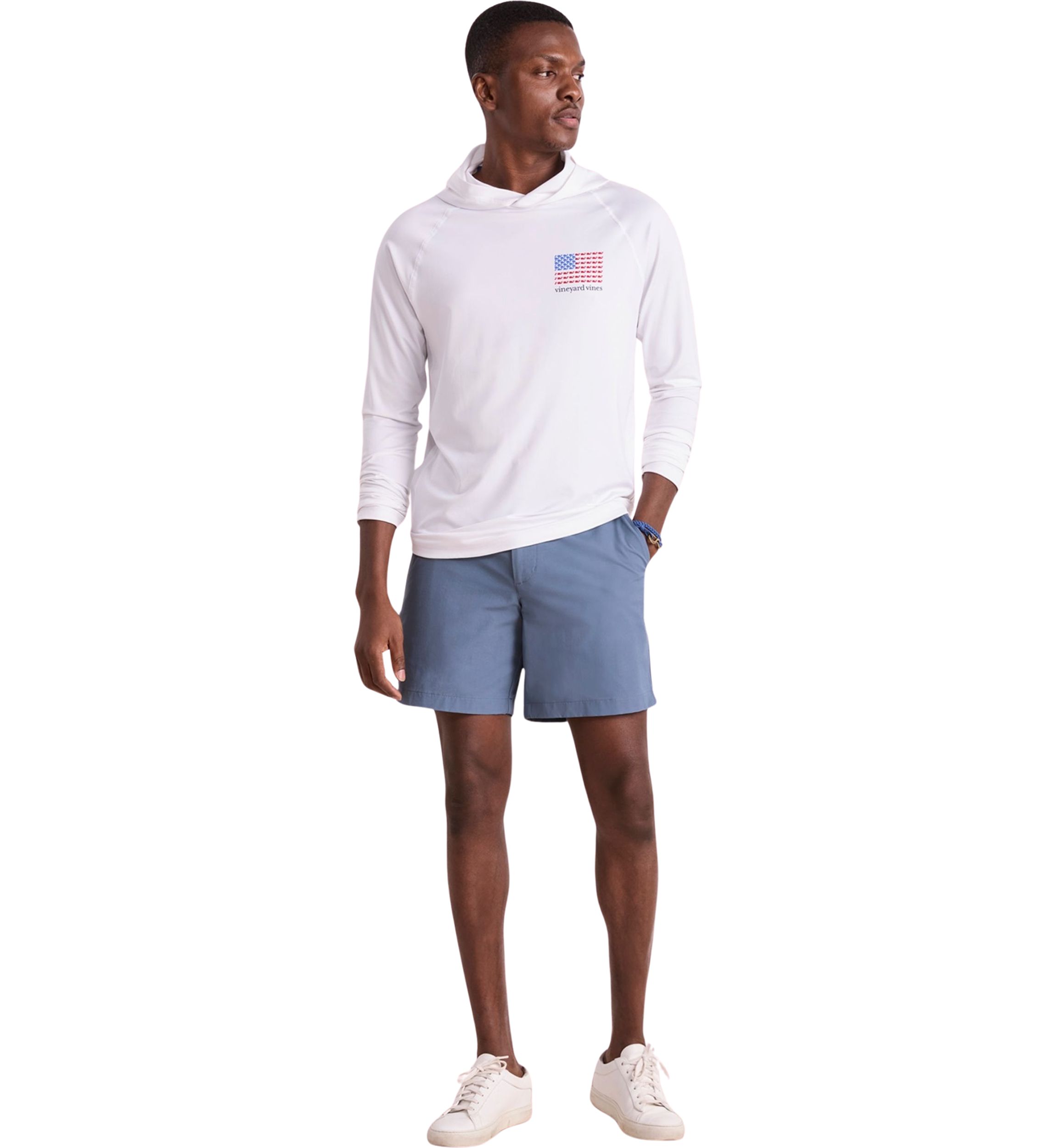 Mens Micro Whale Flag Long Sleeve Harbor Hooded T-Shirt