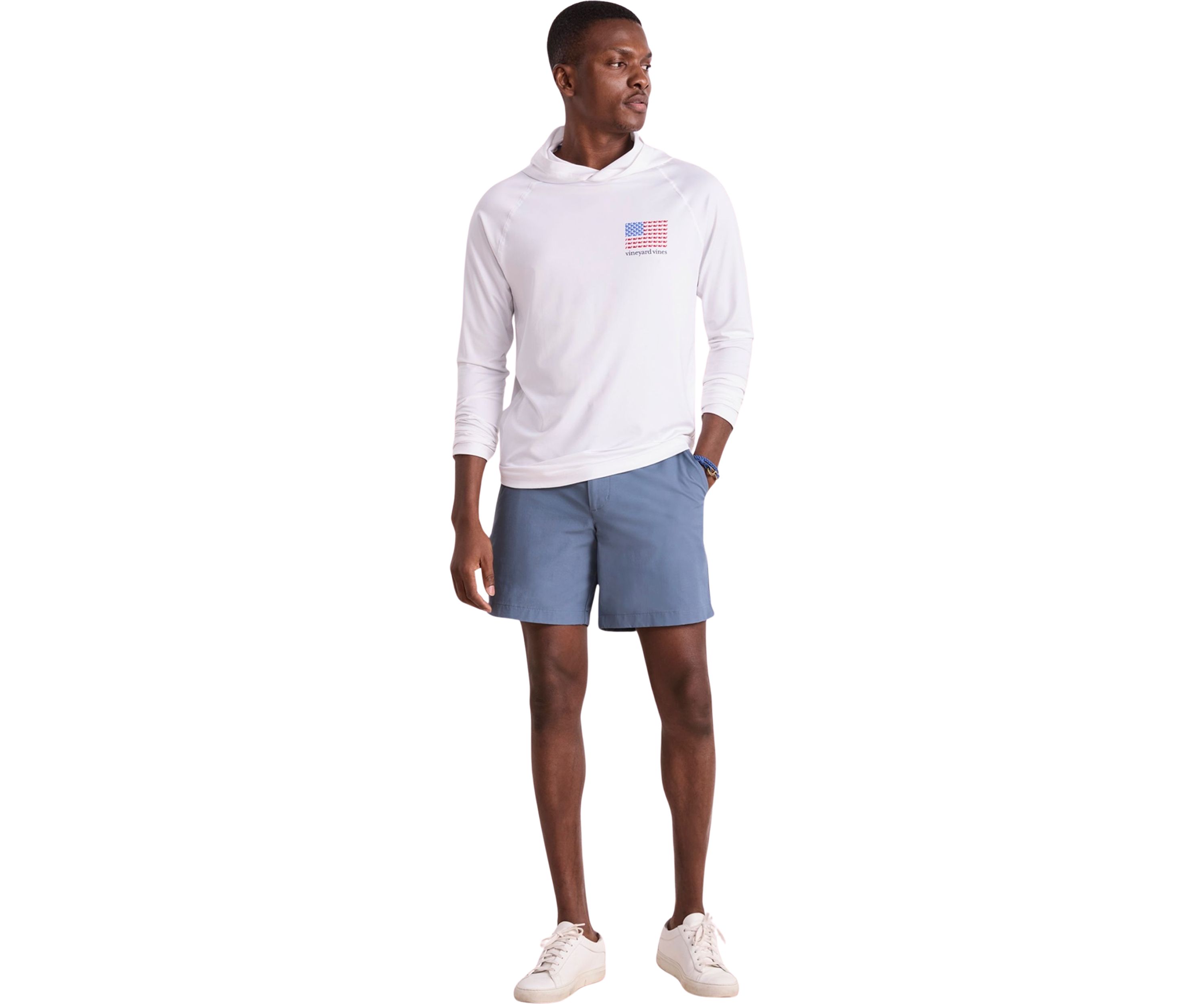 Mens Micro Whale Flag Long Sleeve Harbor Hooded T-Shirt