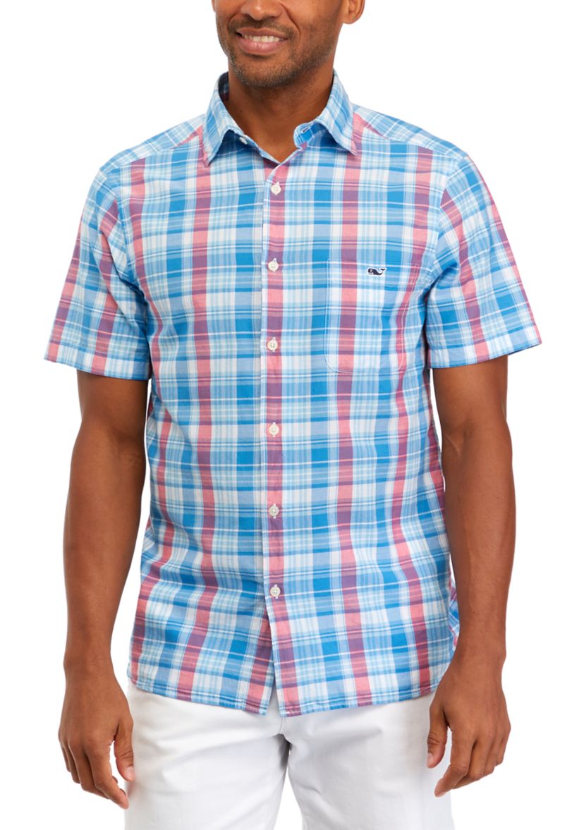Mens Plaid Madras Short Sleeve Shirt