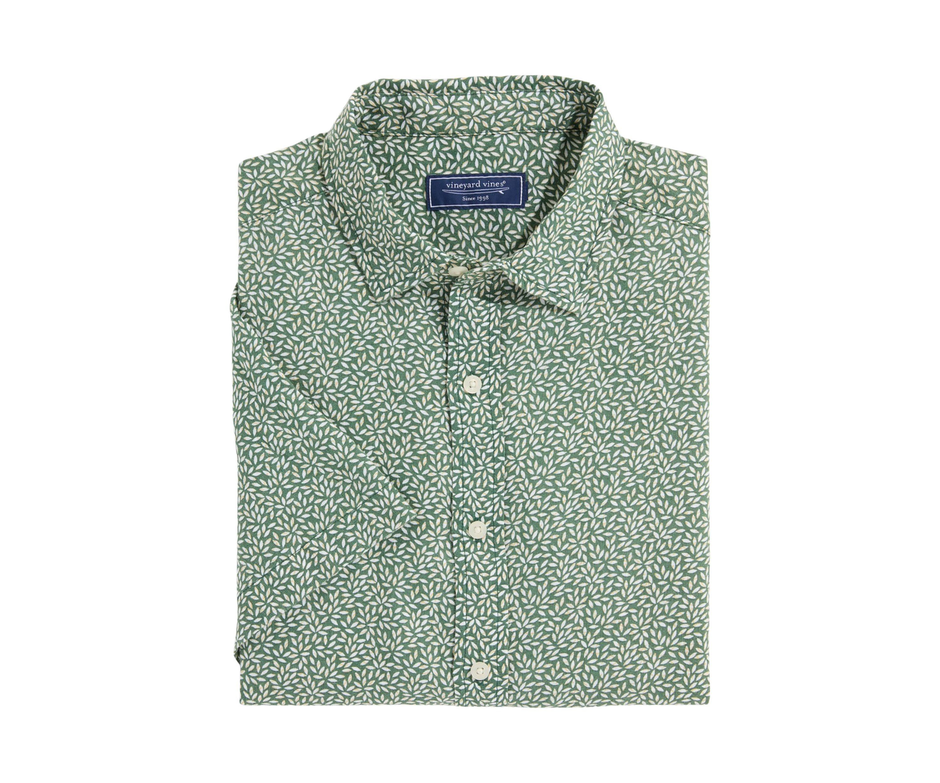 Short Sleeve Micro Leaf Linen Button Up Shirt