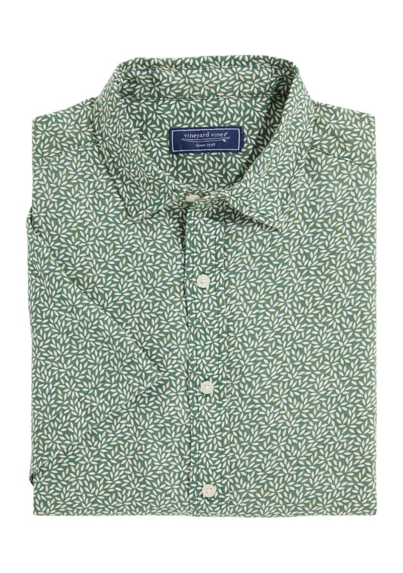 Short Sleeve Micro Leaf Linen Button Up Shirt