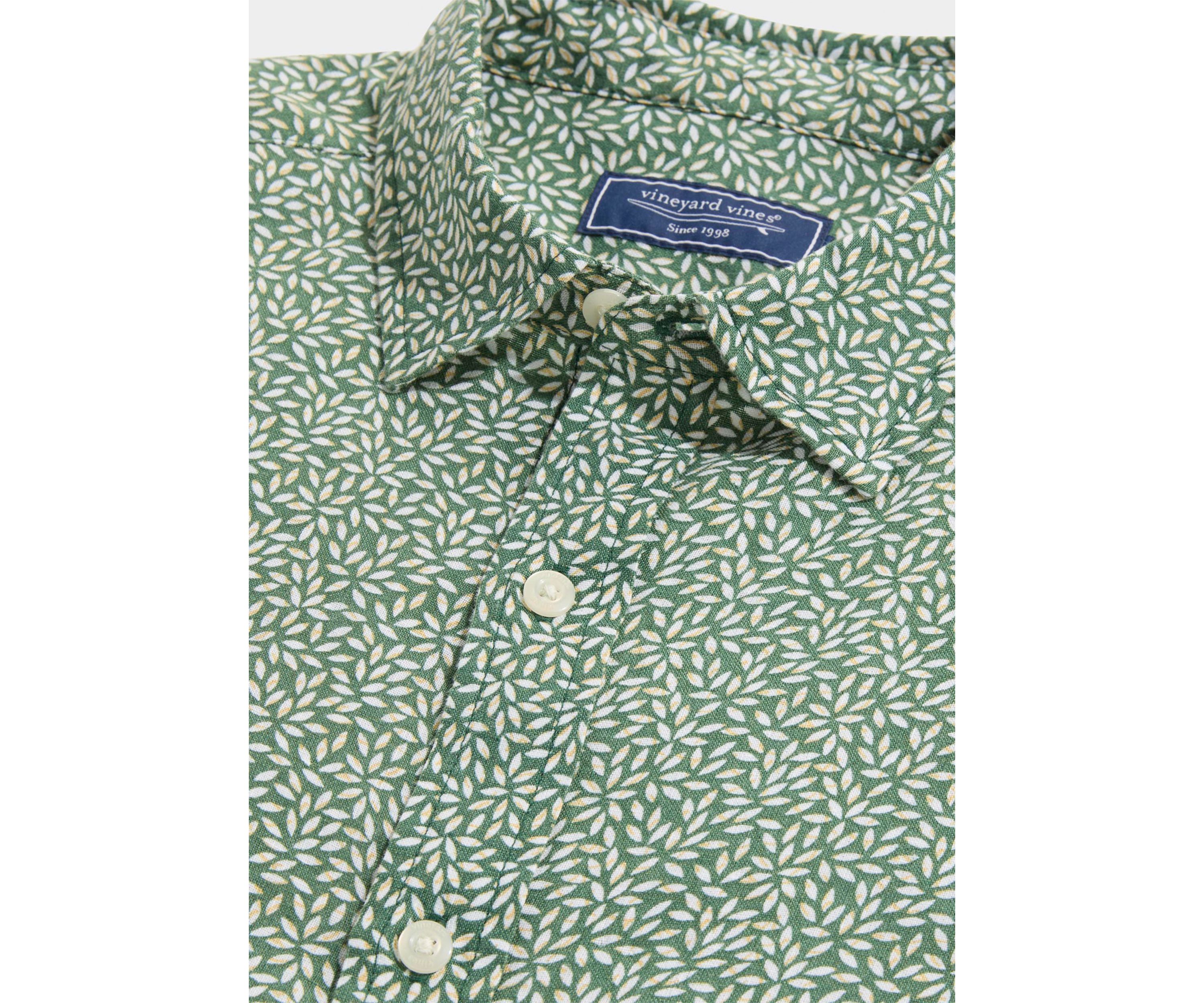 Short Sleeve Micro Leaf Linen Button Up Shirt