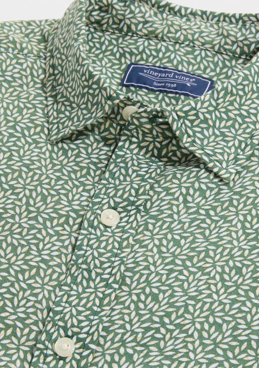 Short Sleeve Micro Leaf Linen Button Up Shirt