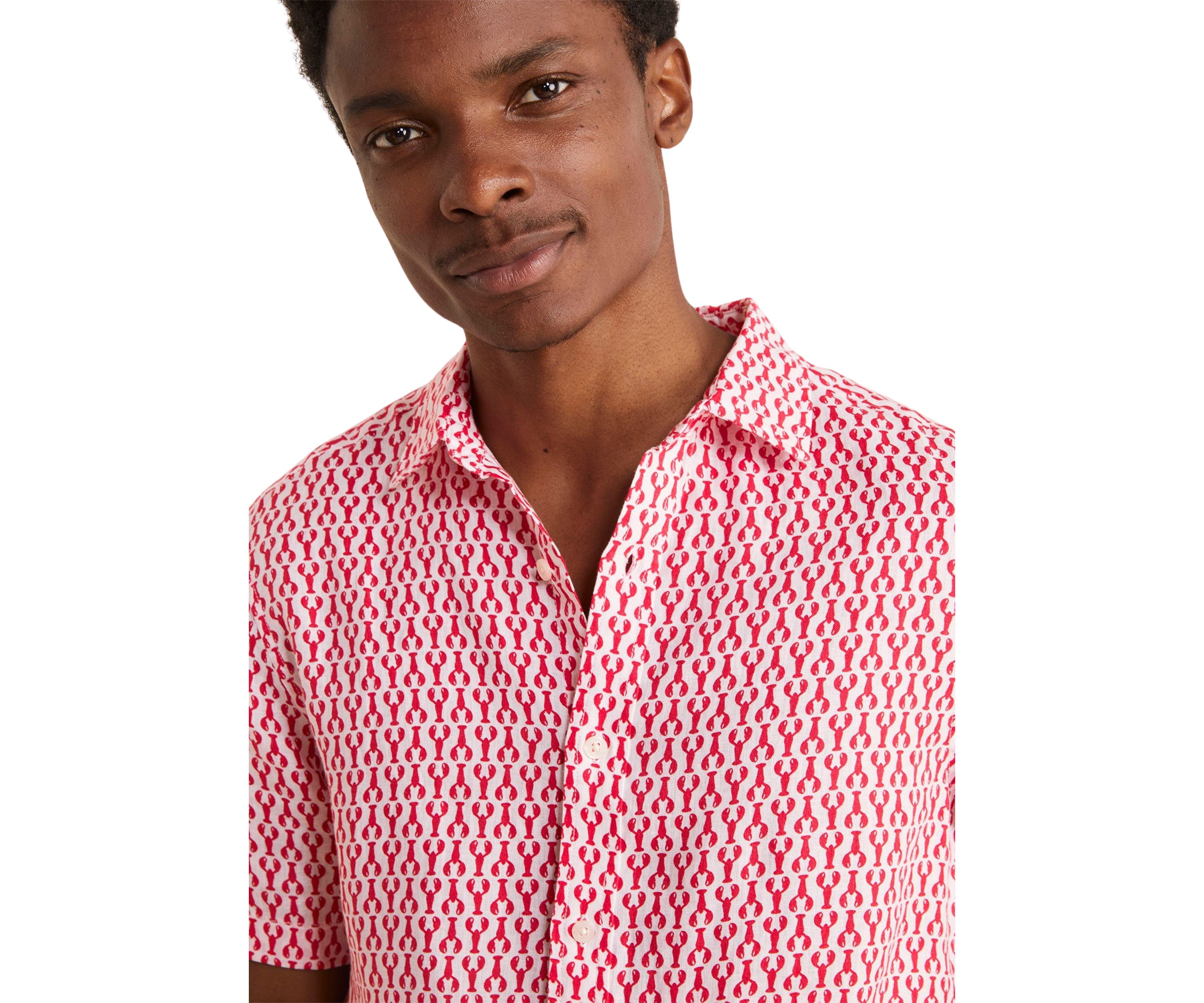 Mens Micro Lobster Printed Linen Short Sleeve Shirt