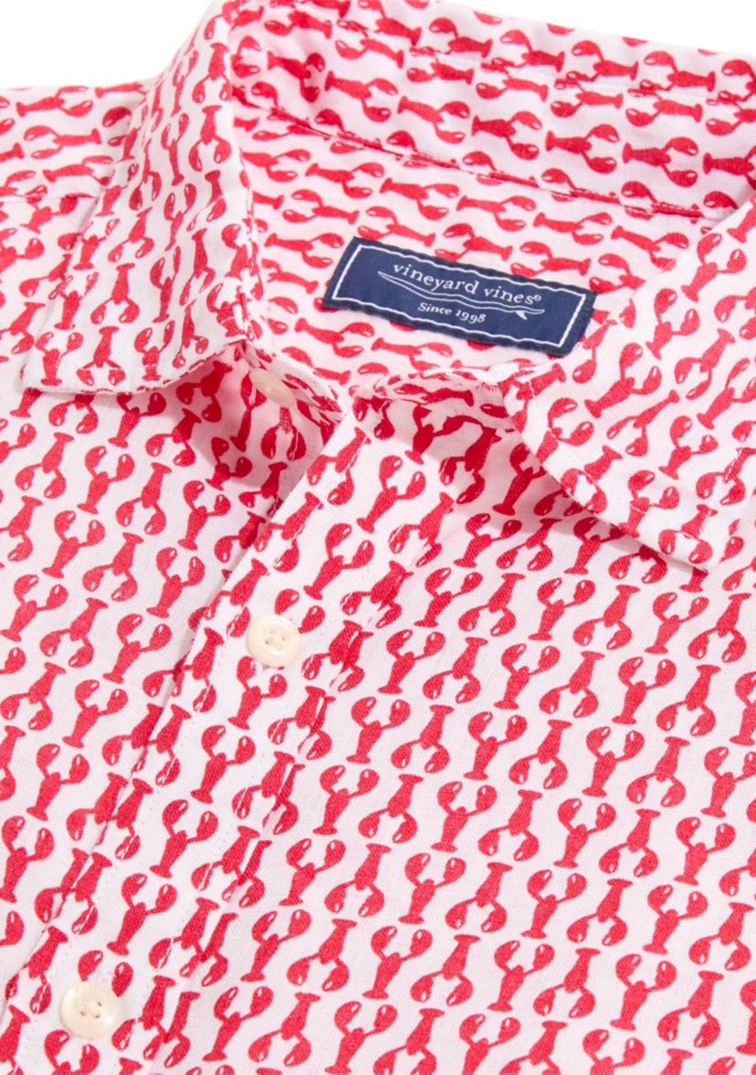 Mens Micro Lobster Printed Linen Short Sleeve Shirt
