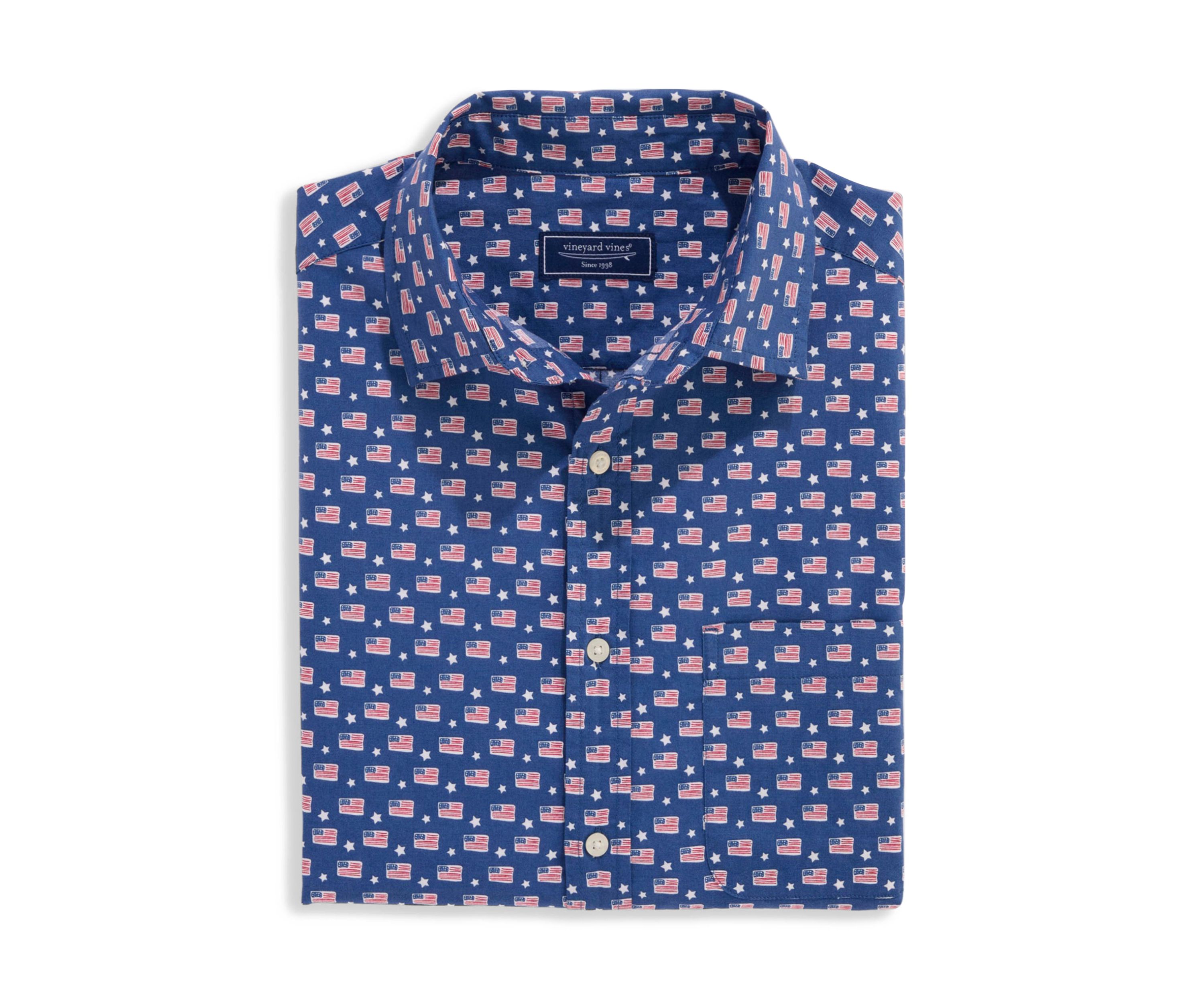 Mens Flags Stars Cotton Madras Short Sleeve Shirt