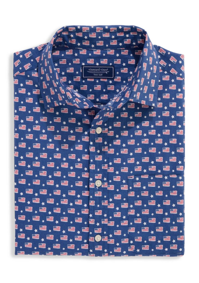 Mens Flags Stars Cotton Madras Short Sleeve Shirt