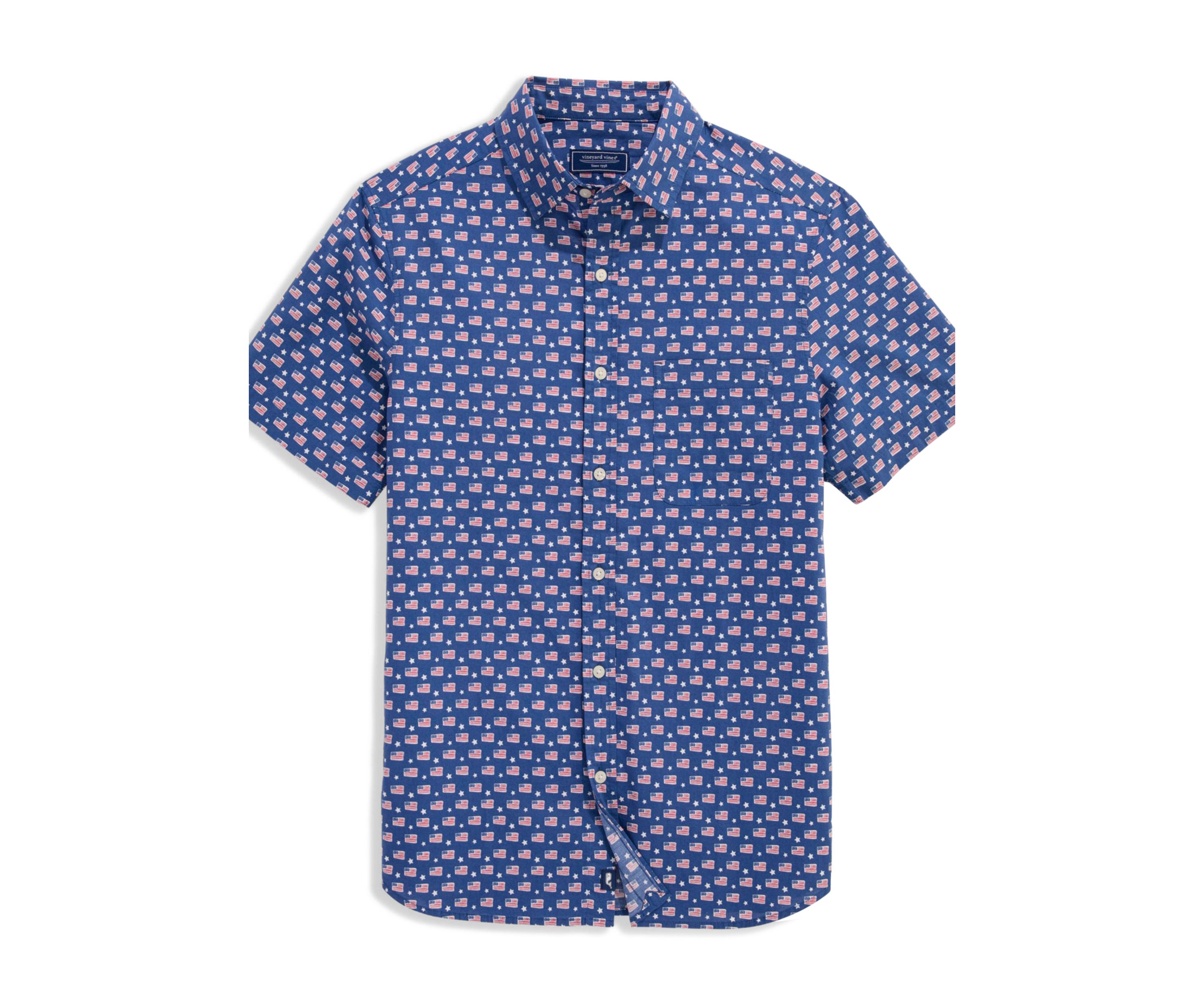 Mens Flags Stars Cotton Madras Short Sleeve Shirt