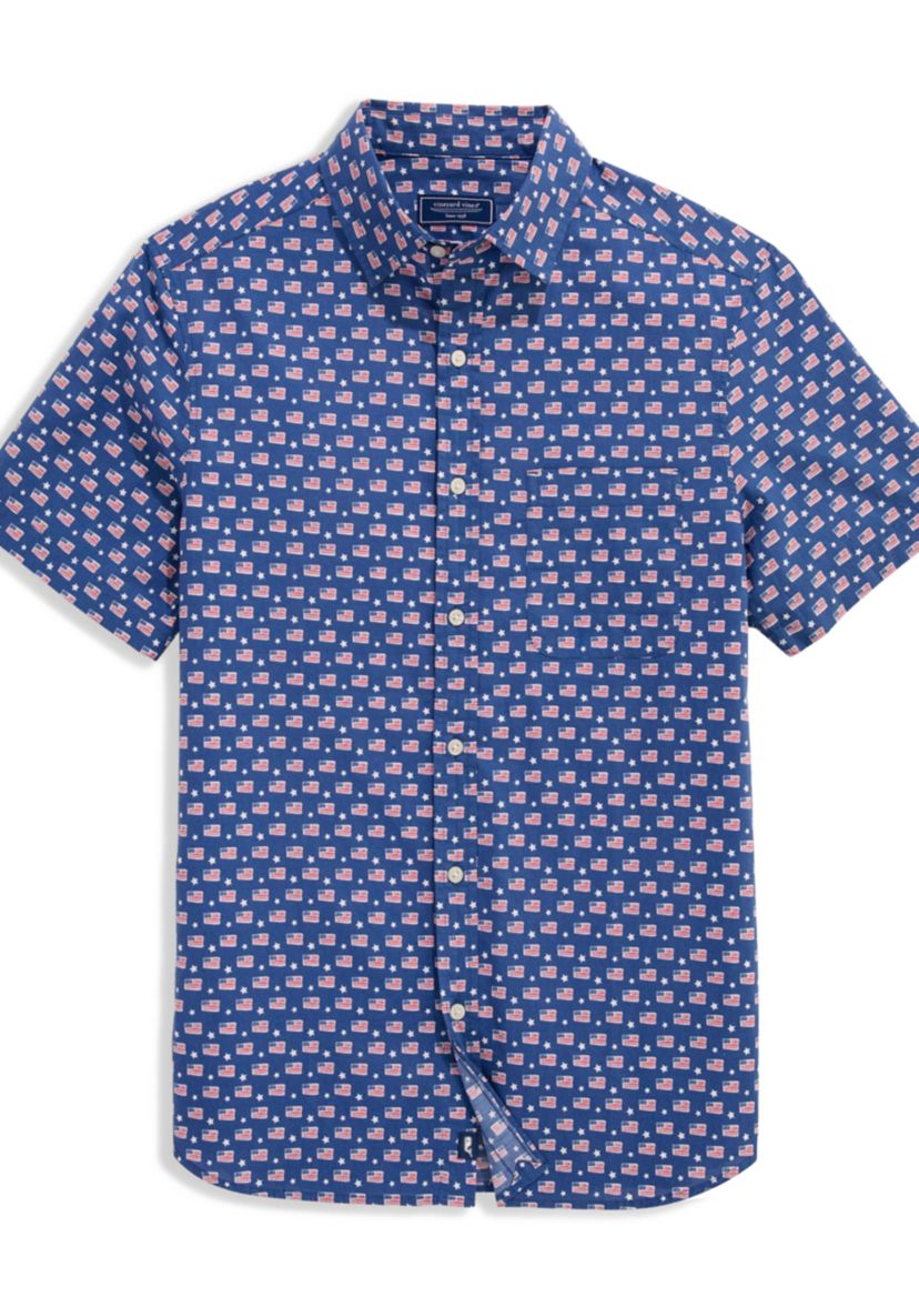 Mens Flags Stars Cotton Madras Short Sleeve Shirt