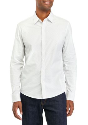 Michael Kors Men's Long Sleeve Woven Stitch Foulard Shirt, White, 2XL -  0196839711054