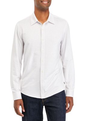 Michael Kors Men's Long Sleeve Woven Performance Knit Shirt, White, Large -  0196839712082