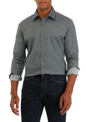 Michael Kors Men's Long Sleeve Woven Texture Geometric Print Shirt, White, XL