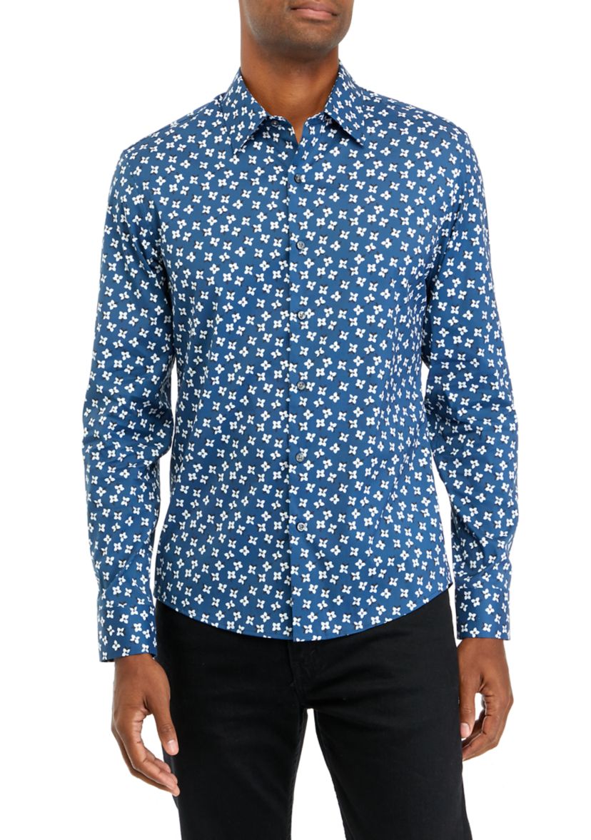Mens Long Sleeve Woven Tossed Flower Bud Shirt