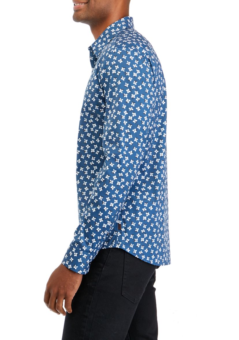 Mens Long Sleeve Woven Tossed Flower Bud Shirt
