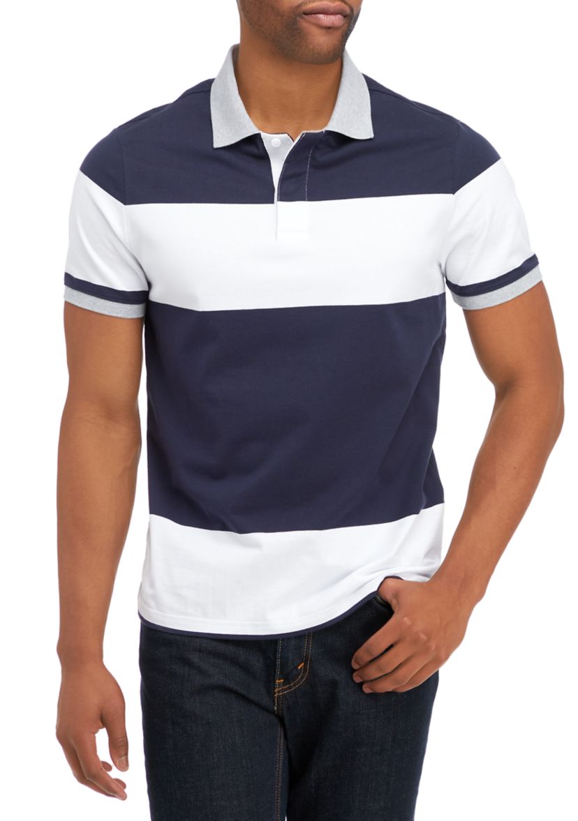 Mens Short Sleeve Wide Stripe Knit Polo Shirt