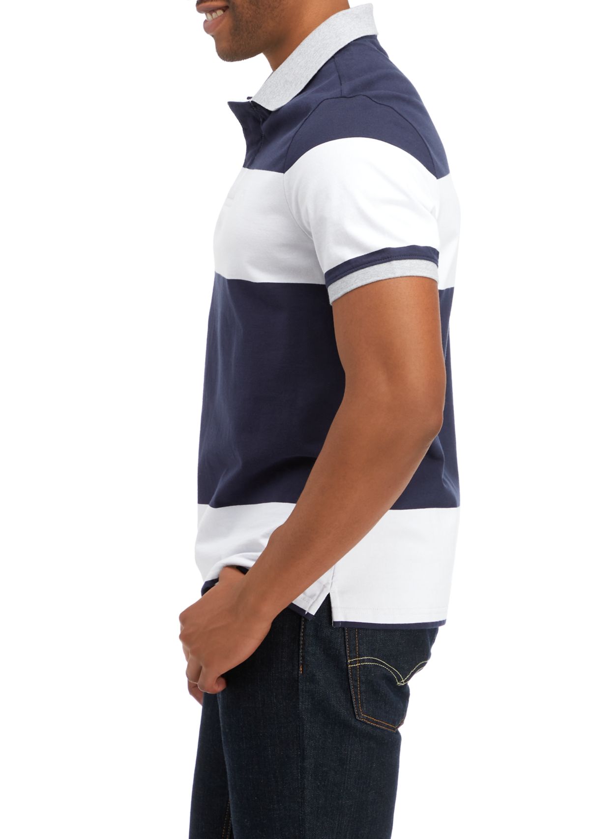 Mens Short Sleeve Wide Stripe Knit Polo Shirt