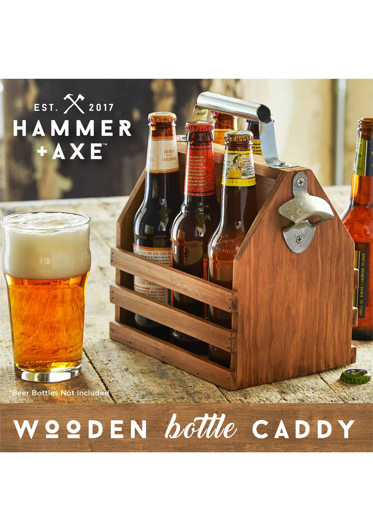 Wood Bottle Caddy with Opener
