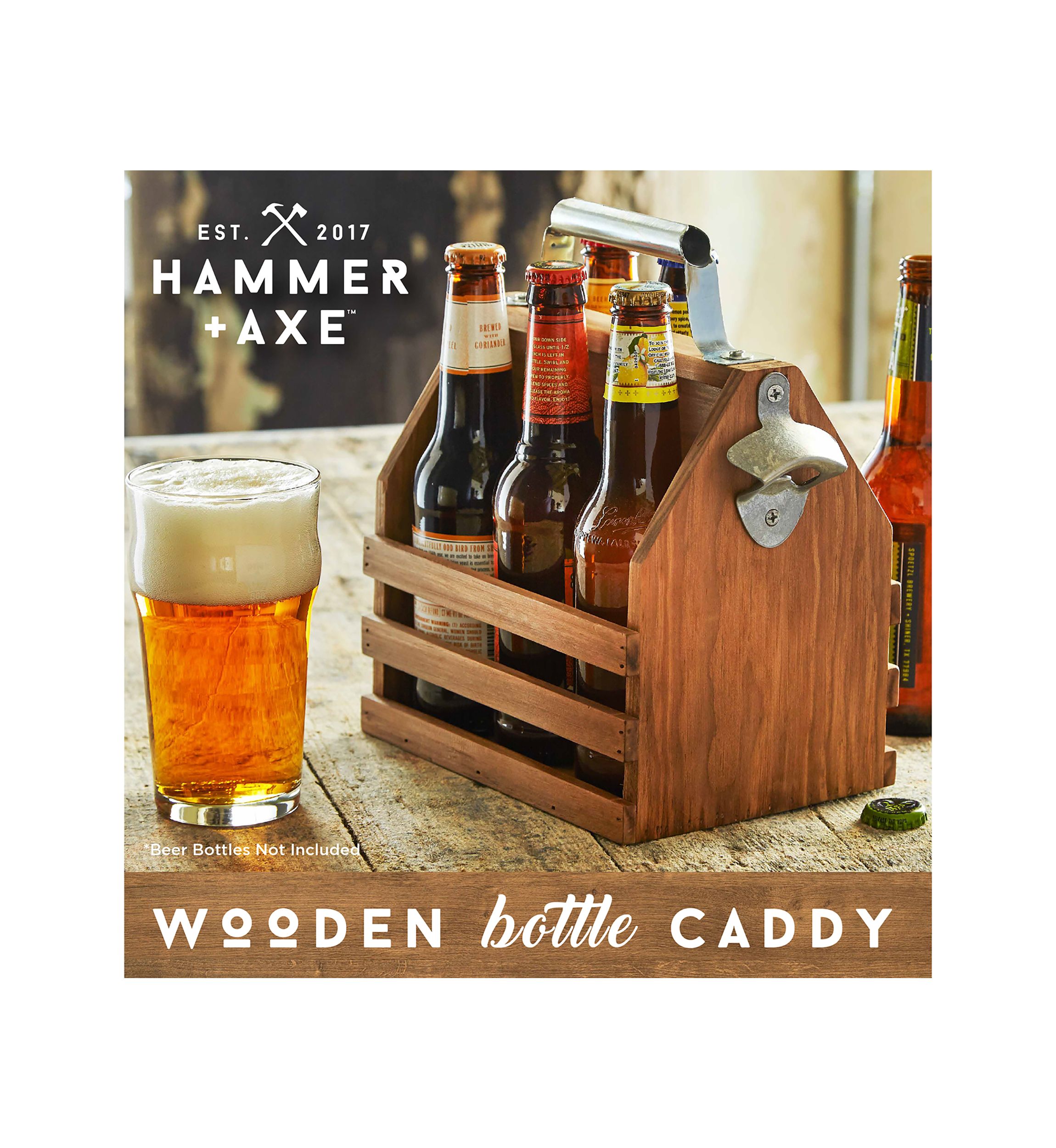 Wood Bottle Caddy with Opener