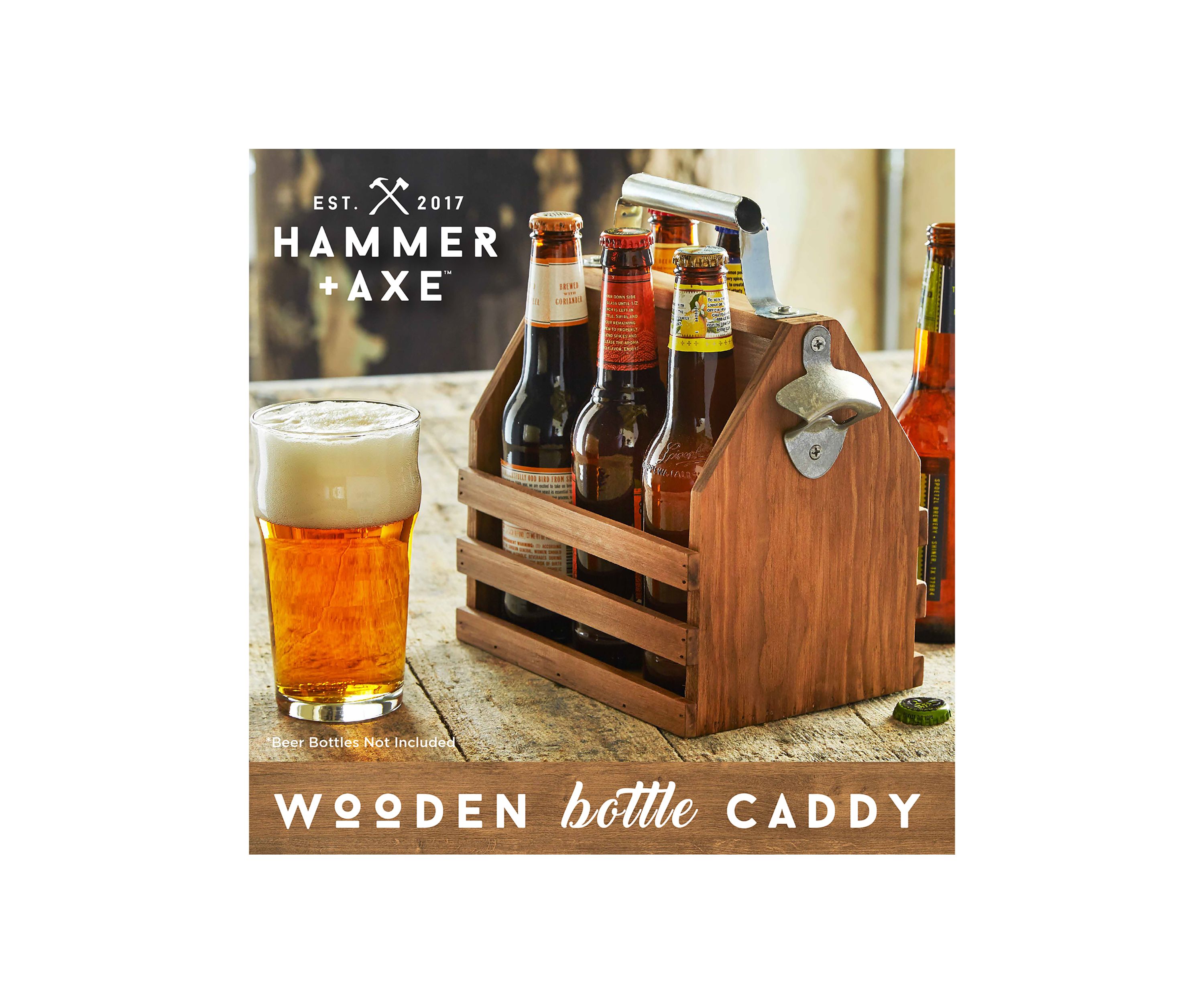 Wood Bottle Caddy with Opener