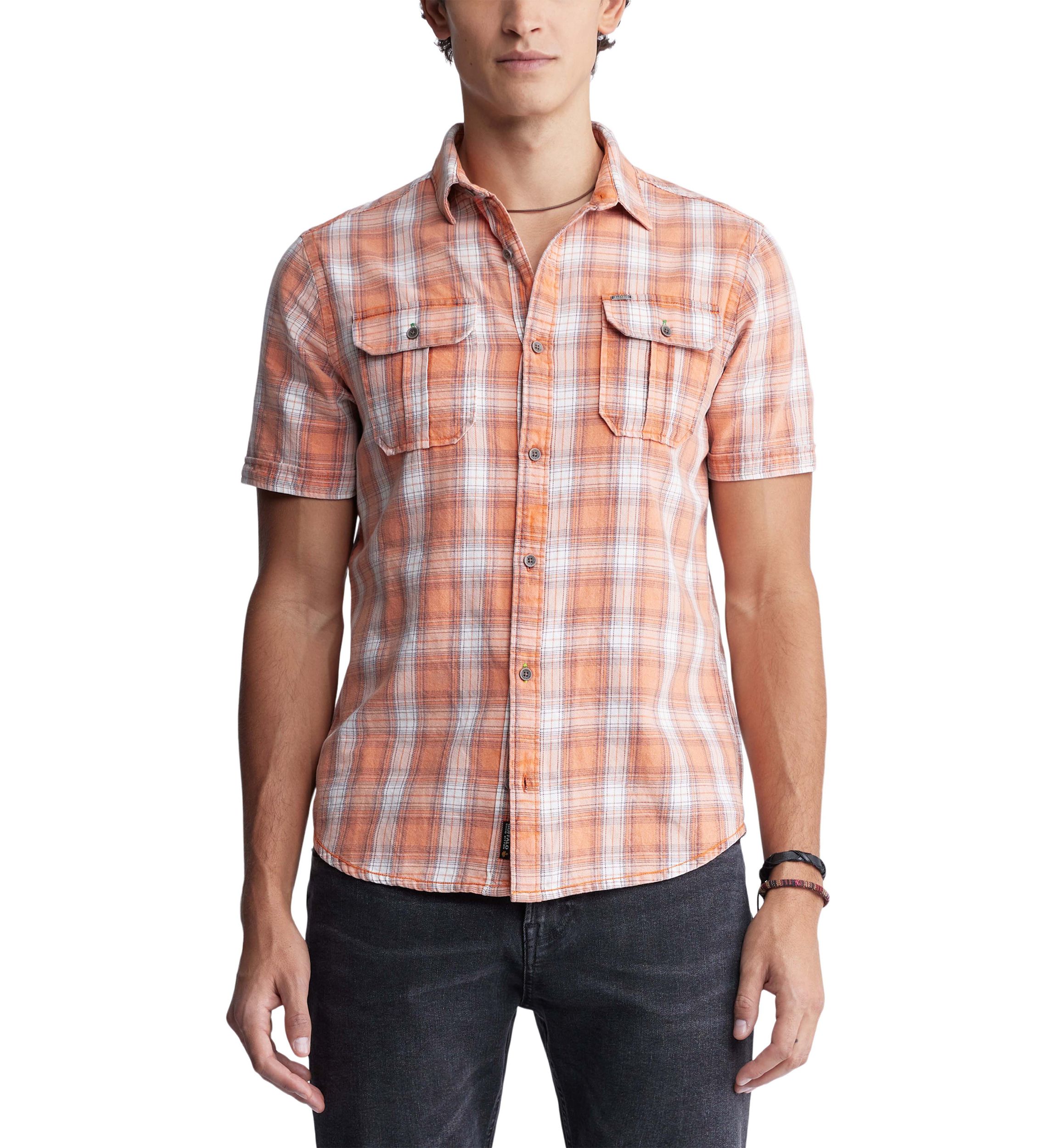 Mens Sazid Short Sleeve Plaid Shirt in Tangerine