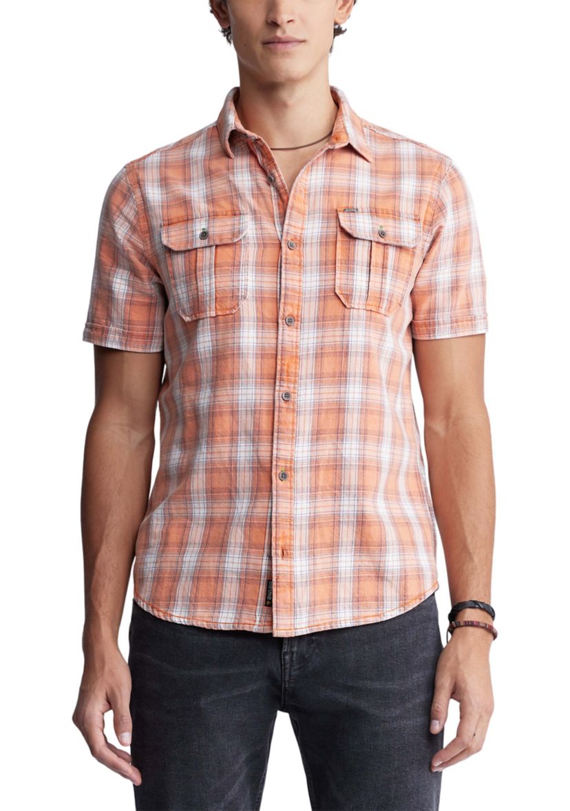 Mens Sazid Short Sleeve Plaid Shirt in Tangerine