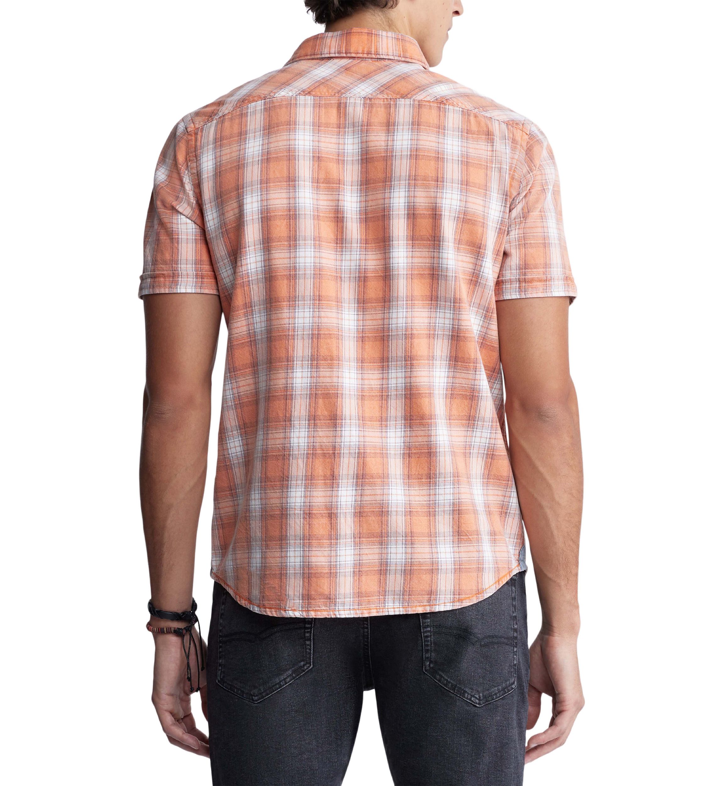 Mens Sazid Short Sleeve Plaid Shirt in Tangerine