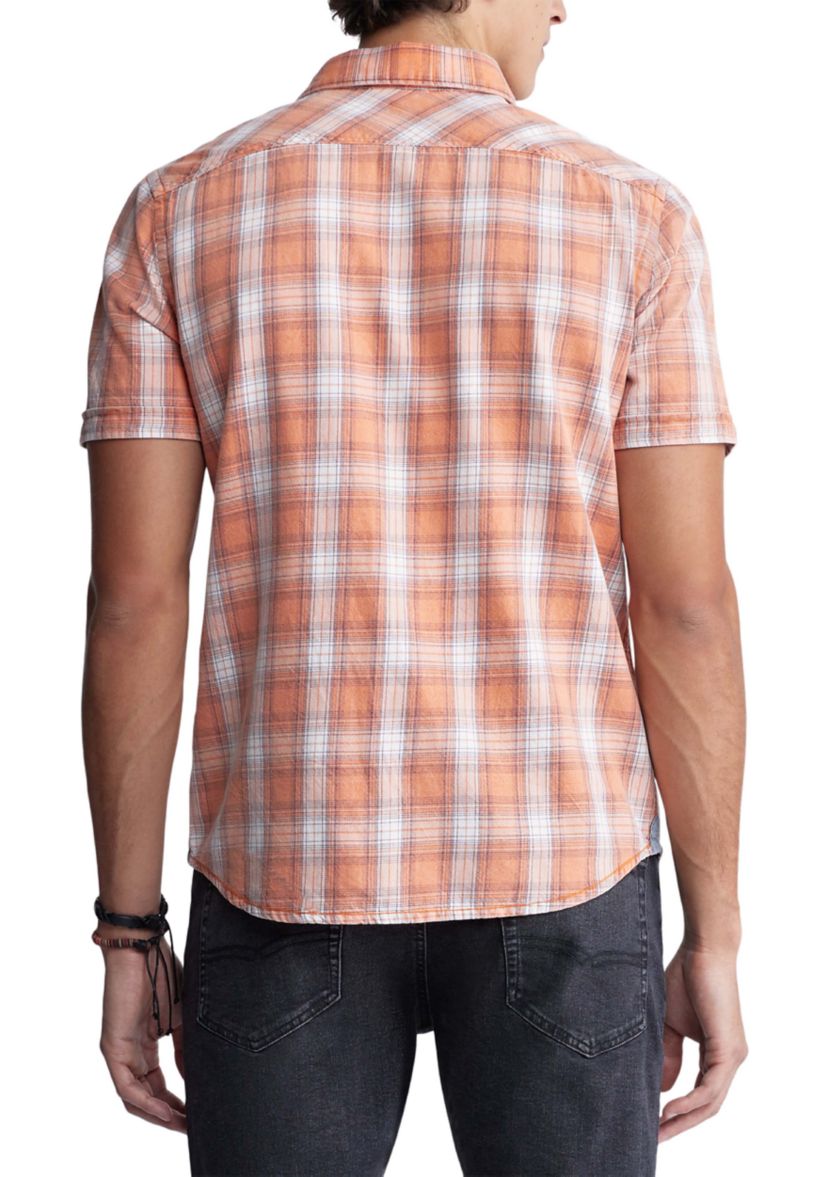 Mens Sazid Short Sleeve Plaid Shirt in Tangerine