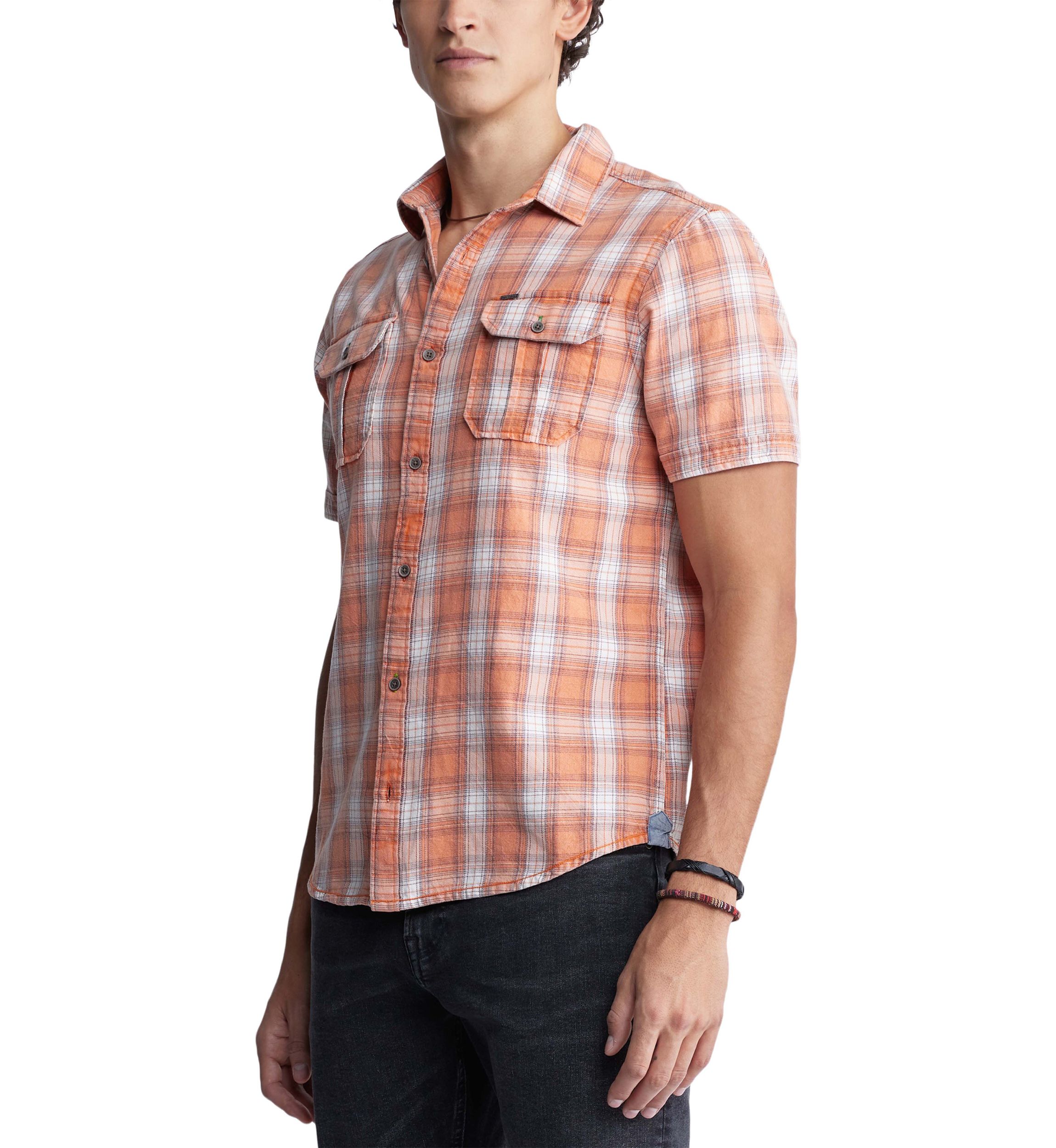 Mens Sazid Short Sleeve Plaid Shirt in Tangerine