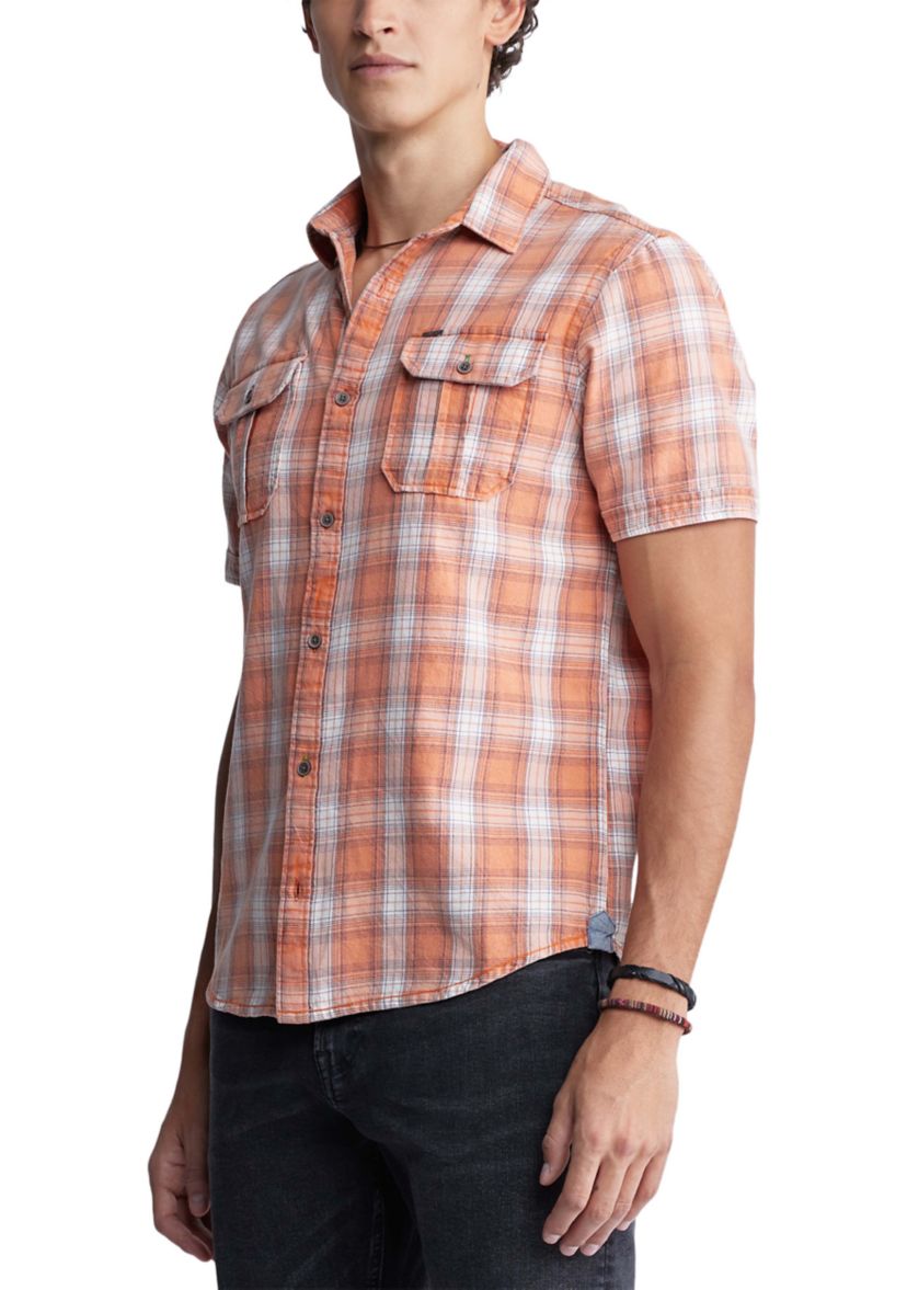 Mens Sazid Short Sleeve Plaid Shirt in Tangerine
