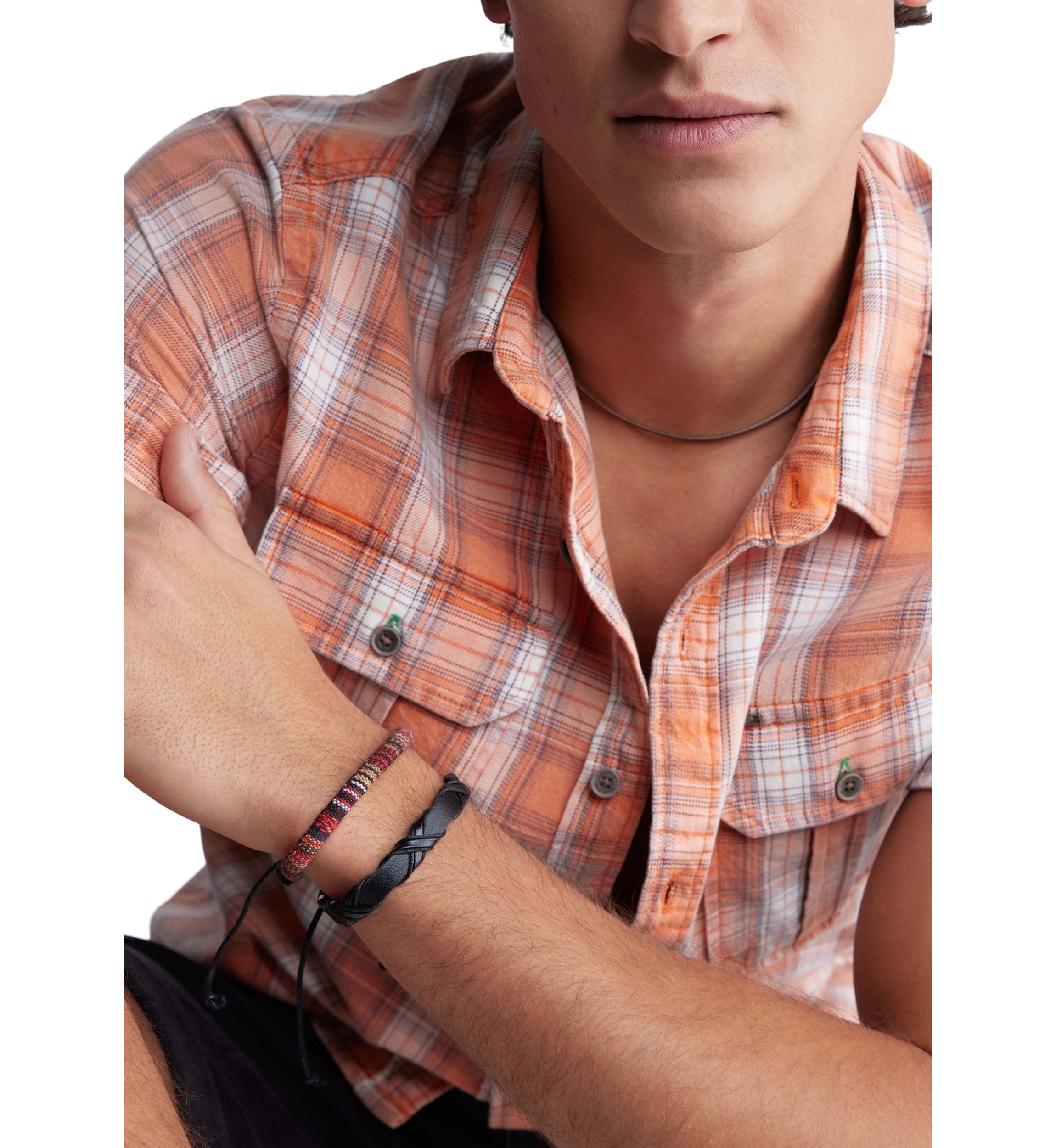 Mens Sazid Short Sleeve Plaid Shirt in Tangerine