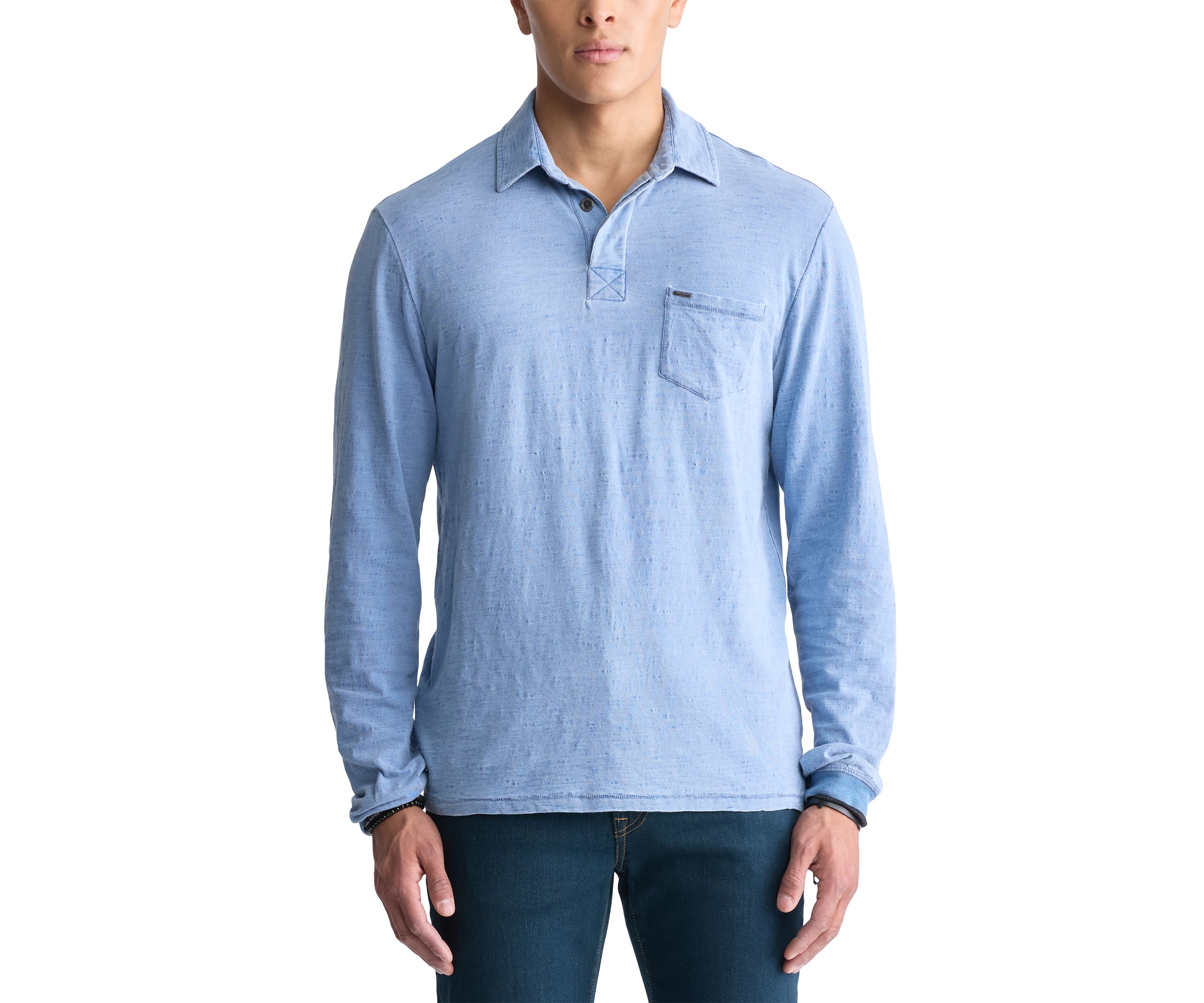 Mens Kimmy Long-Sleeved Polo Top with Pocket, Medium Blue