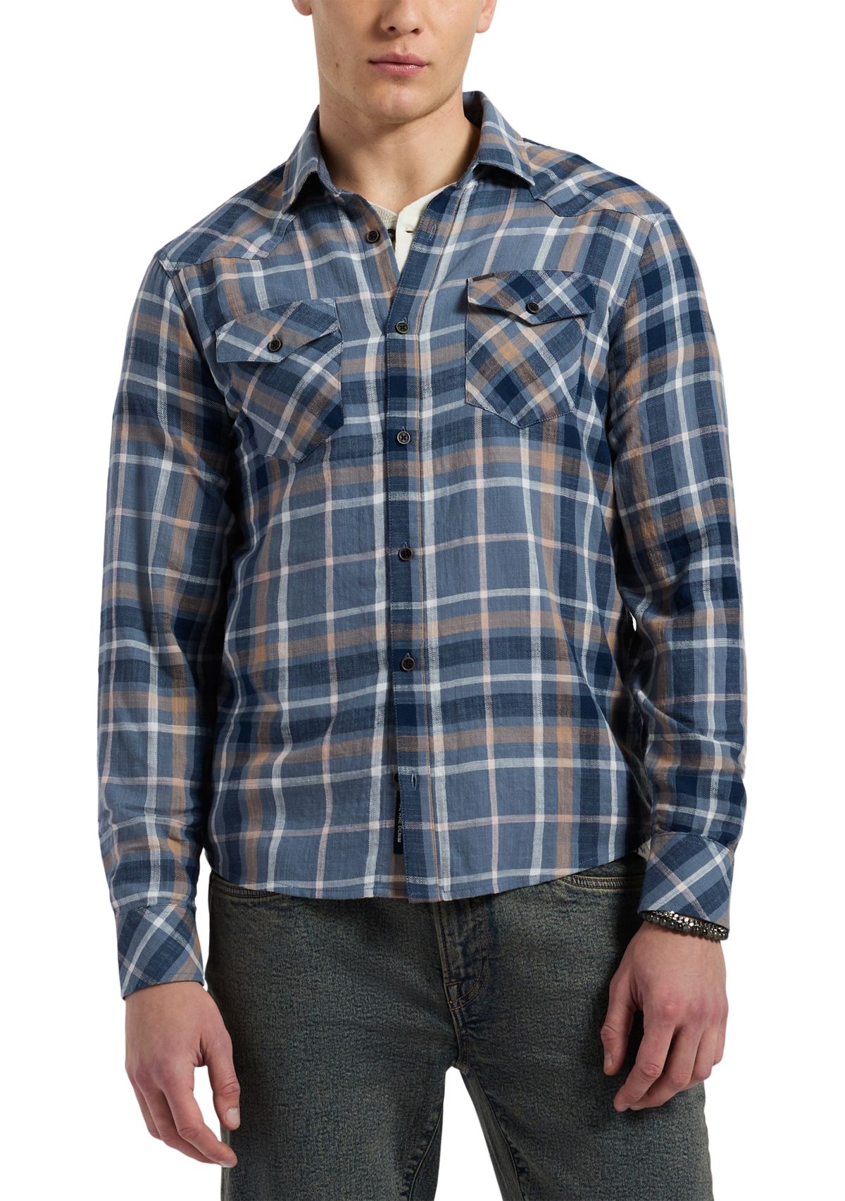  Mens Classic Plaid Button-Down Shirt, Blue & Tan
