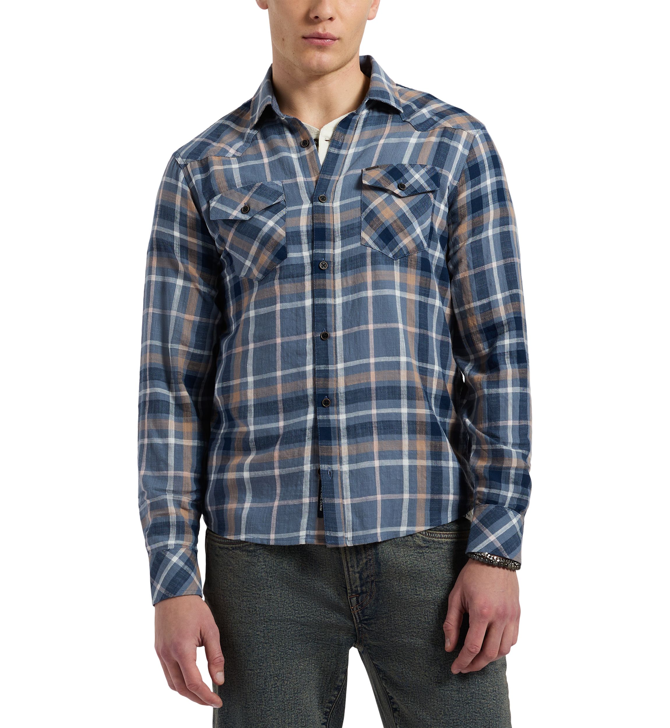  Mens Classic Plaid Button-Down Shirt, Blue & Tan