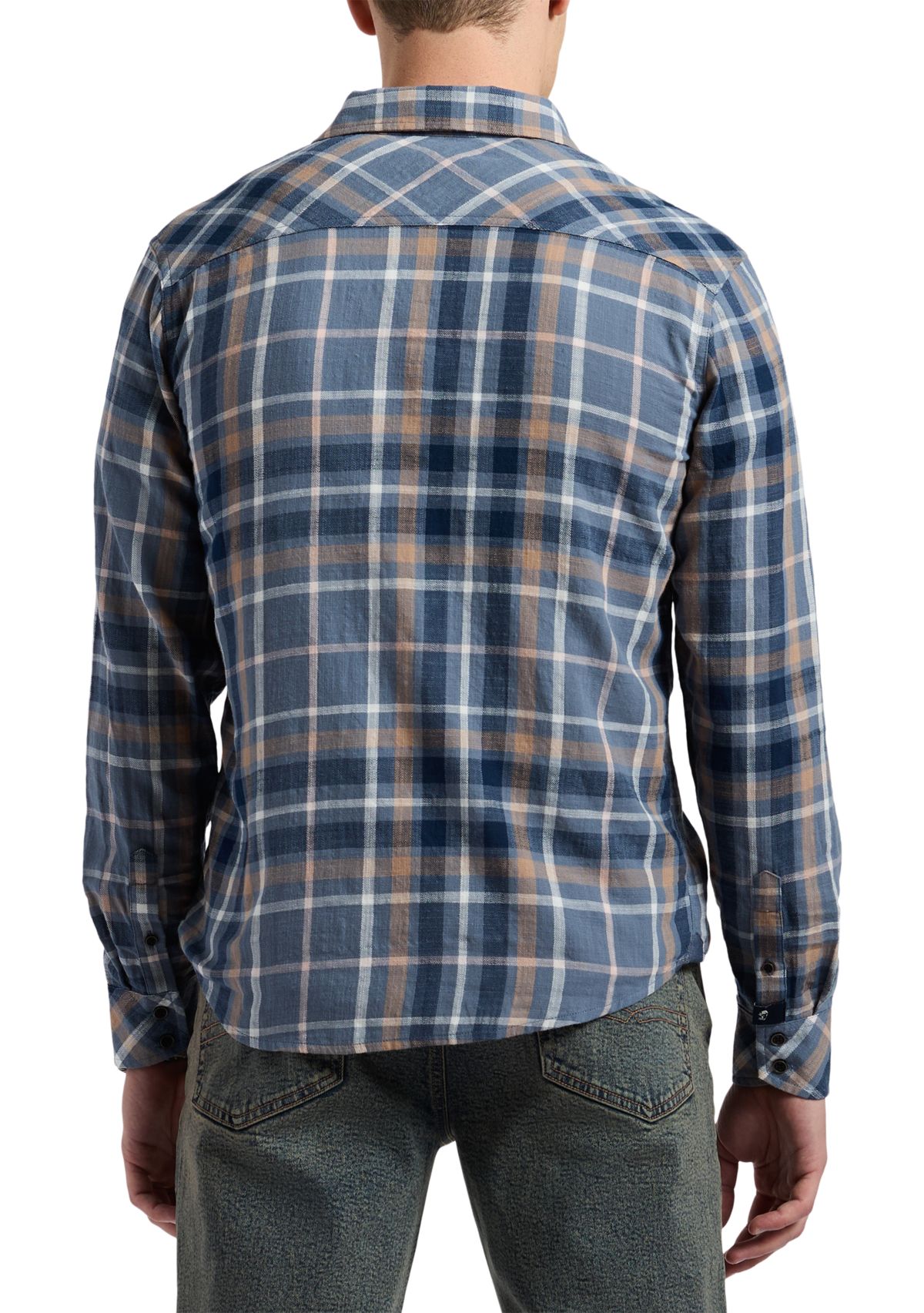  Mens Classic Plaid Button-Down Shirt, Blue & Tan