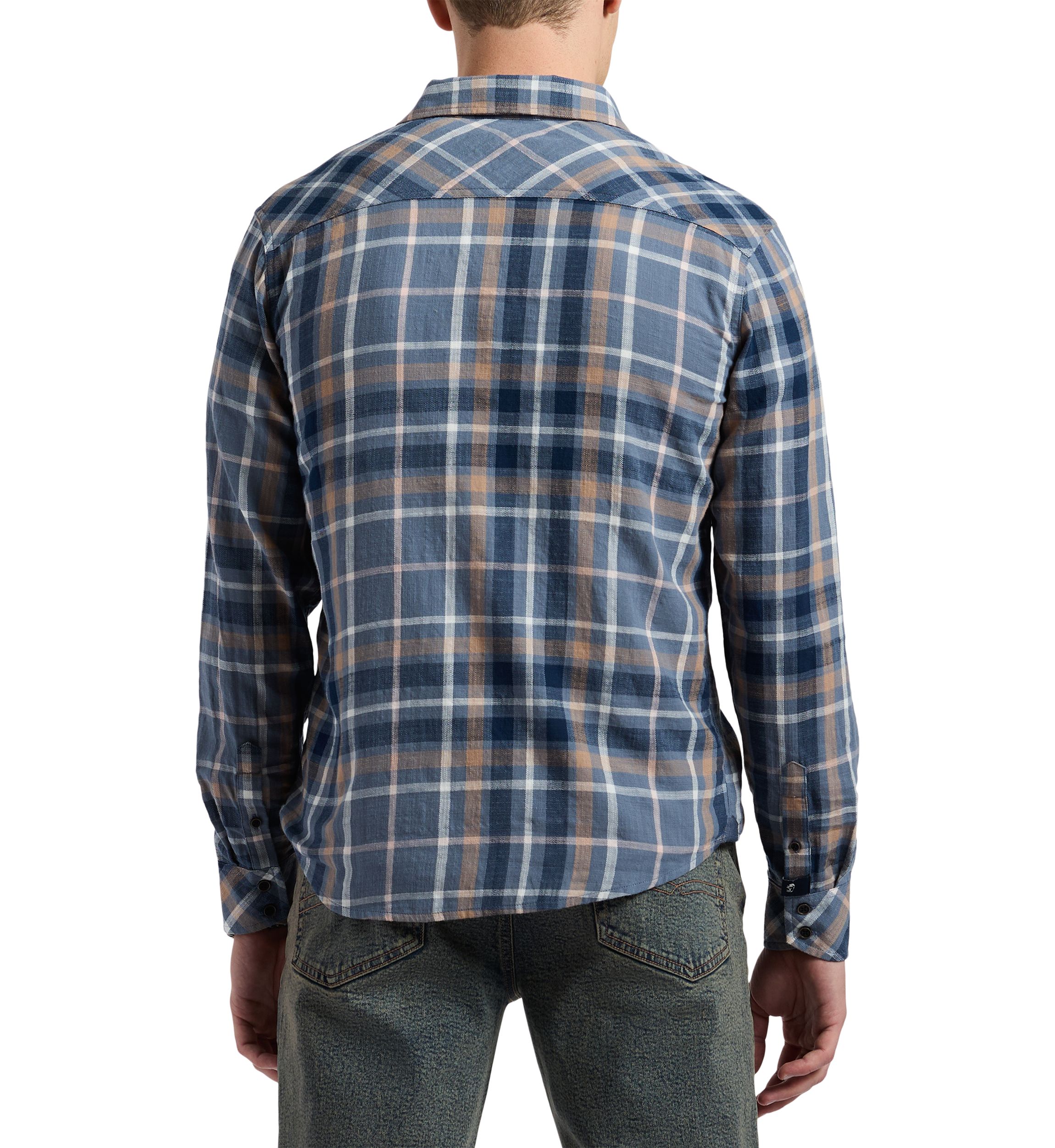  Mens Classic Plaid Button-Down Shirt, Blue & Tan