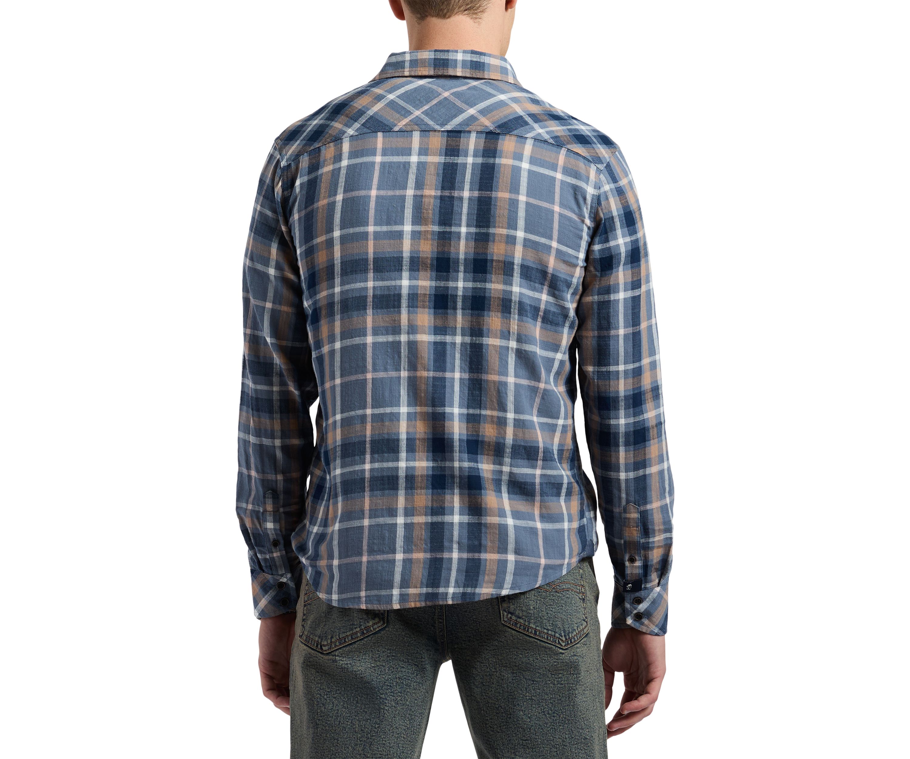  Mens Classic Plaid Button-Down Shirt, Blue & Tan
