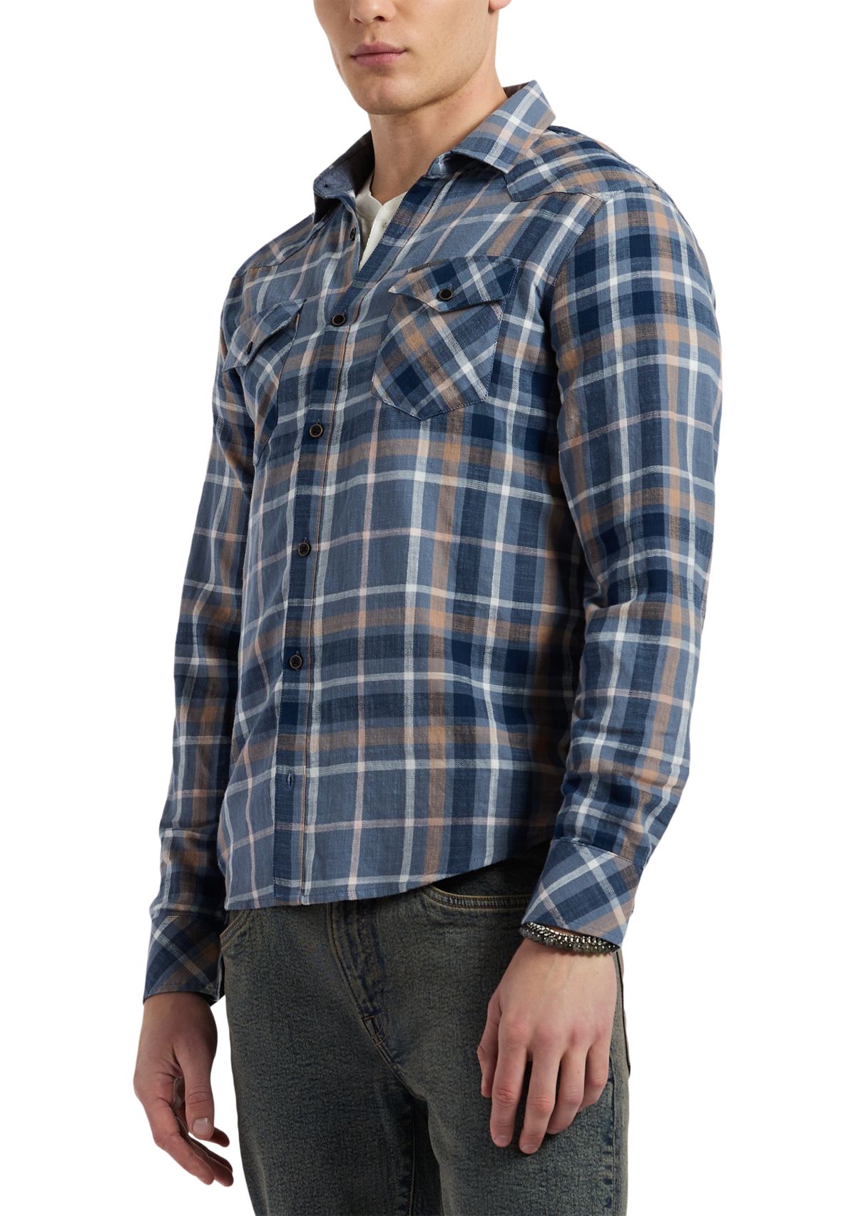  Mens Classic Plaid Button-Down Shirt, Blue & Tan