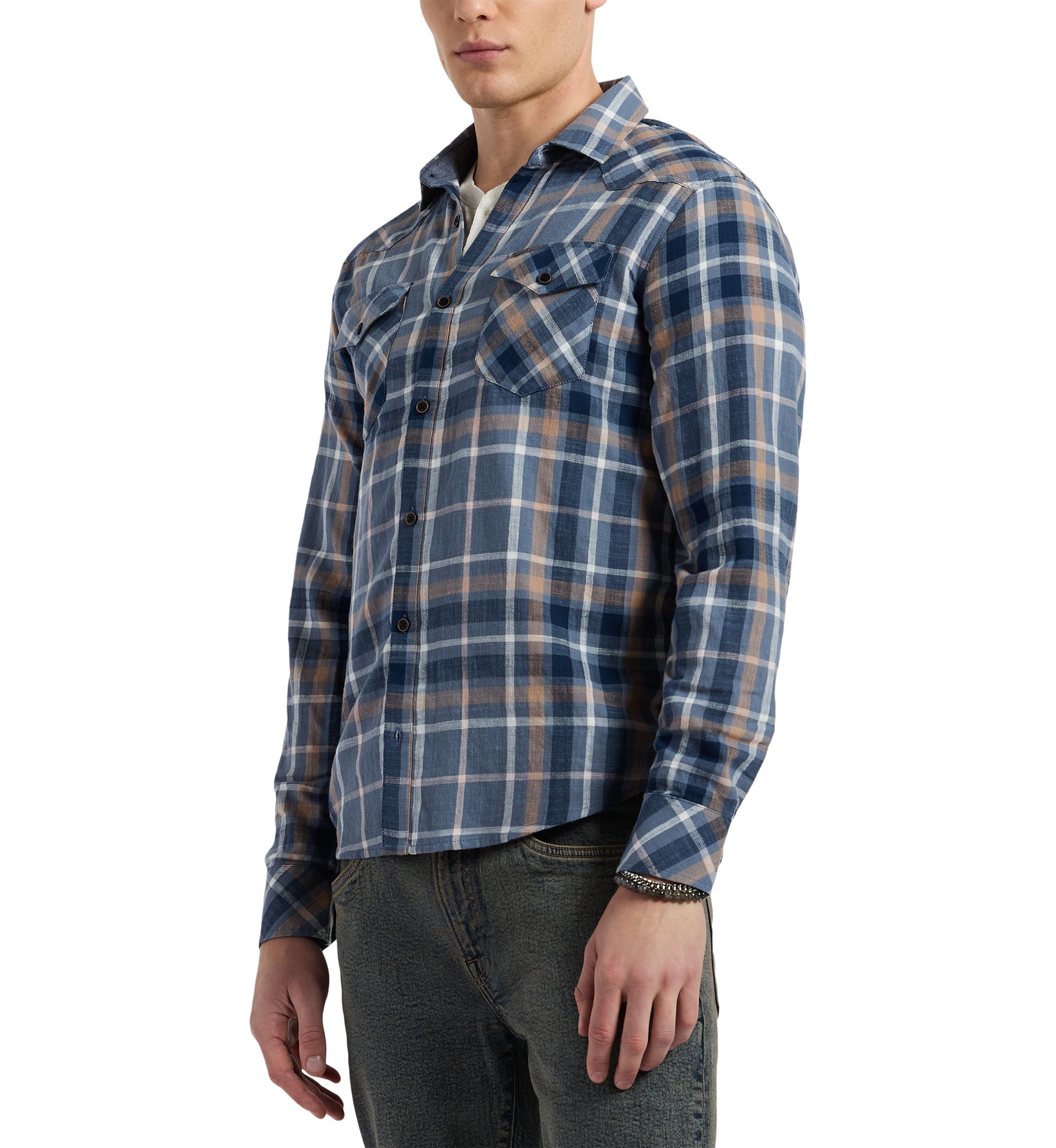  Mens Classic Plaid Button-Down Shirt, Blue & Tan