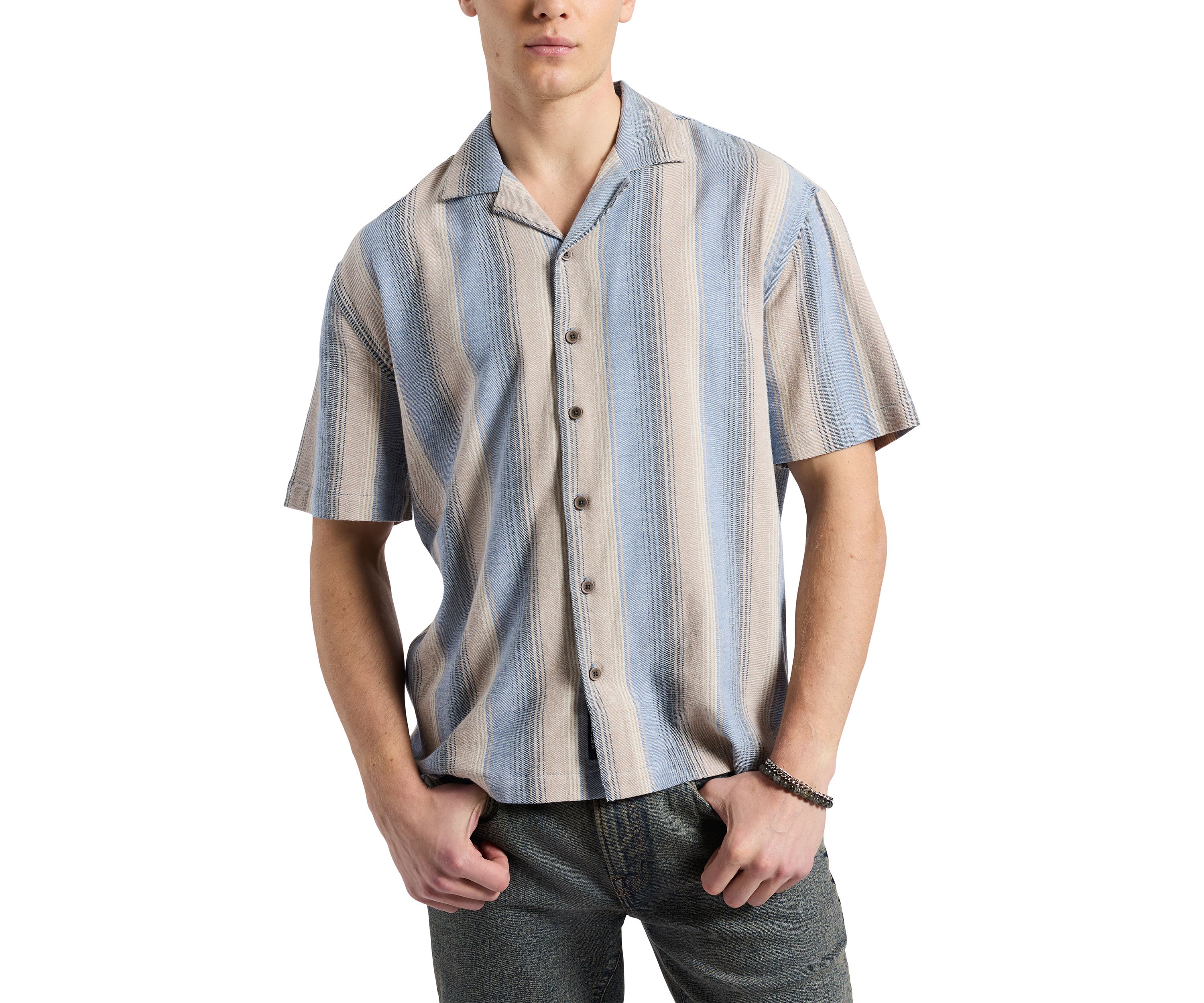 Mens Salaman Short Sleeve Striped Button Up Camp Shirt
