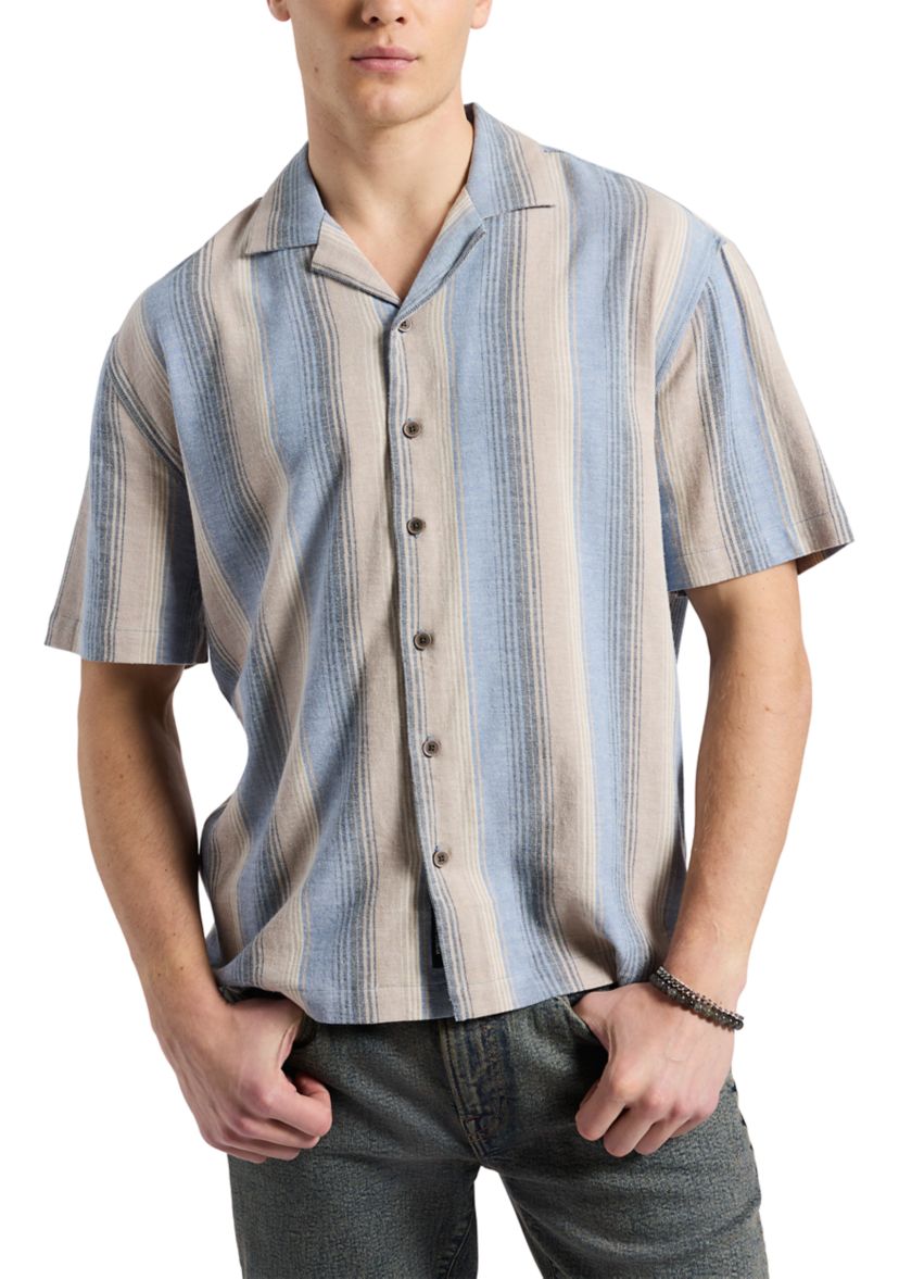 Mens Salaman Short Sleeve Striped Button Up Camp Shirt