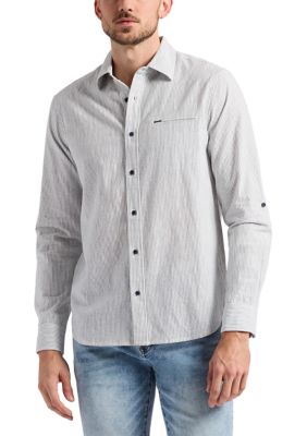 BUFFALO DAVID BITTON Men's Simbio Long-Sleeve Linen Cotton Blend Button-Up Fitted Shirt, Milk, Blue, XL