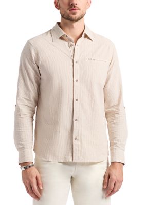BUFFALO DAVID BITTON Men's Simbio Long-Sleeve Linen Cotton Blend Button-Up Fitted Shirt, Milk, Small