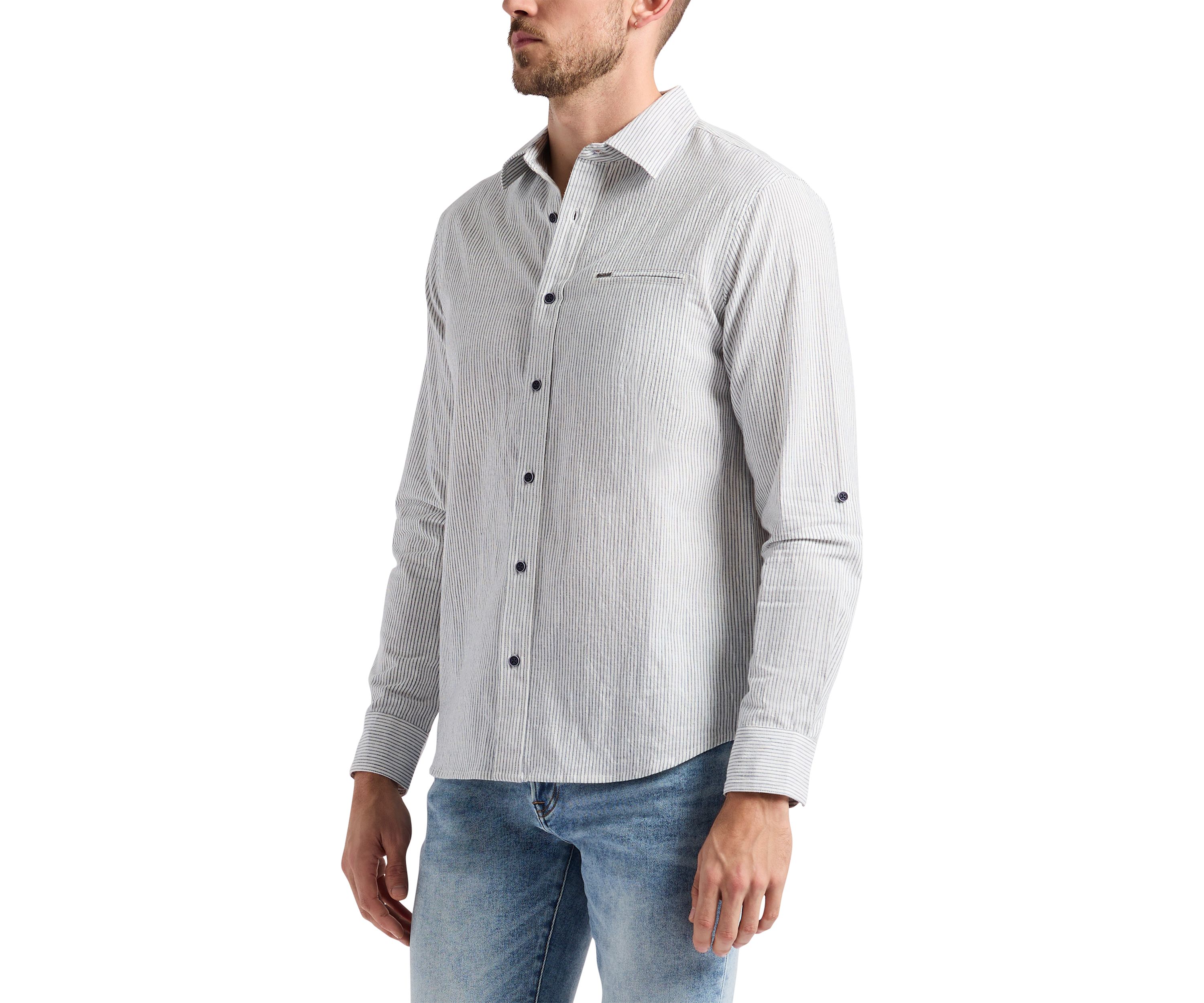 Mens Simbio Long-Sleeve Linen Cotton Blend Button-Up Fitted Shirt, Milk 