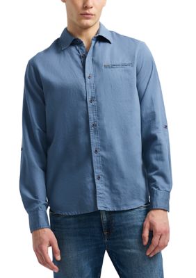 BUFFALO DAVID BITTON Men's Simbio Long-Sleeve Linen Cotton Blend Button-Up Fitted Shirt, Moonlight Blue
