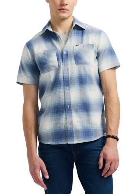 BUFFALO DAVID BITTON Men's Sagrino Short-Sleeve Plaid Button-Up Fitted Shirt, Blue, XL