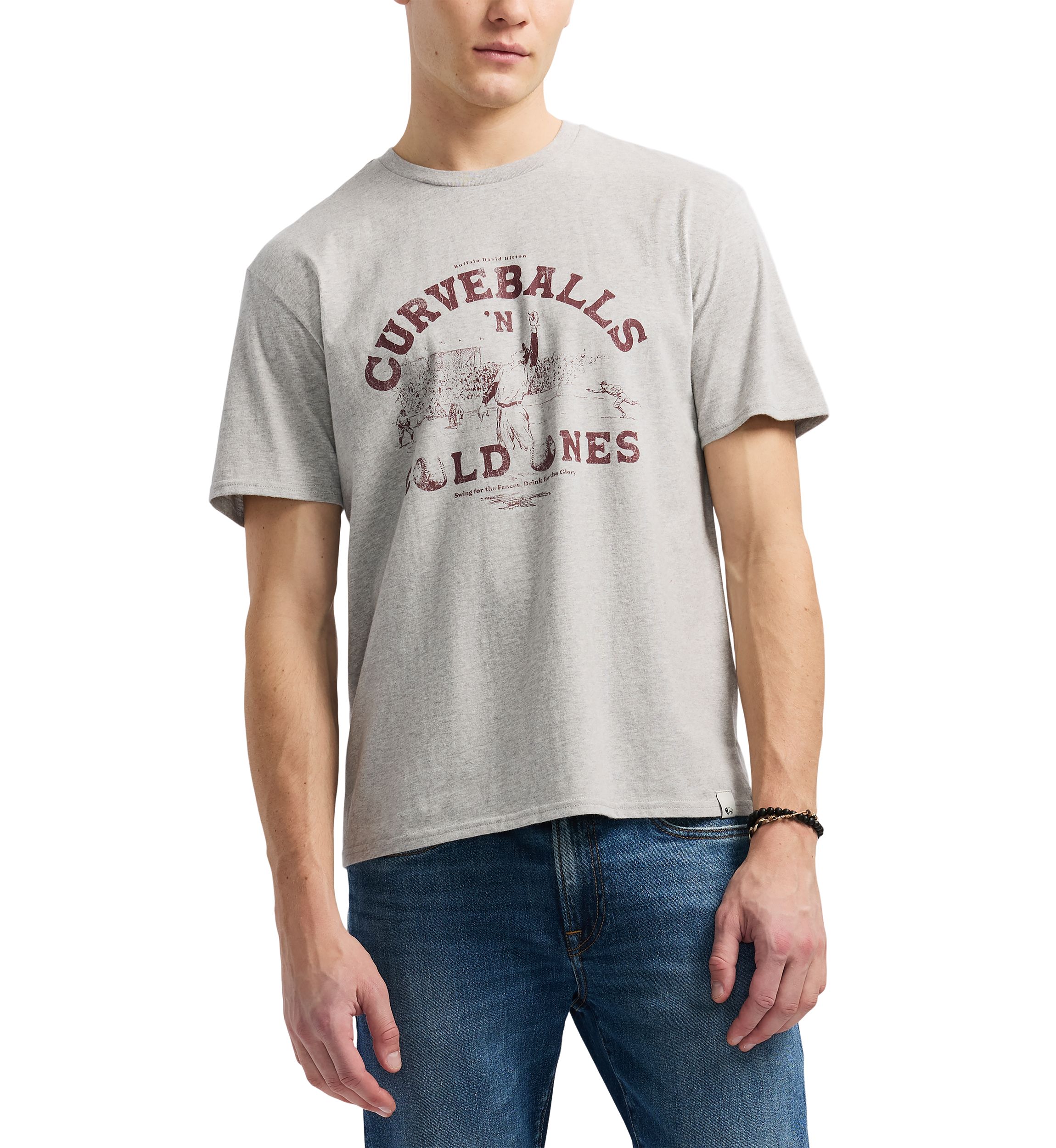 Mens Tavis Graphic T-Shirt with Curveballs n Old Ones Print, Heather Grey